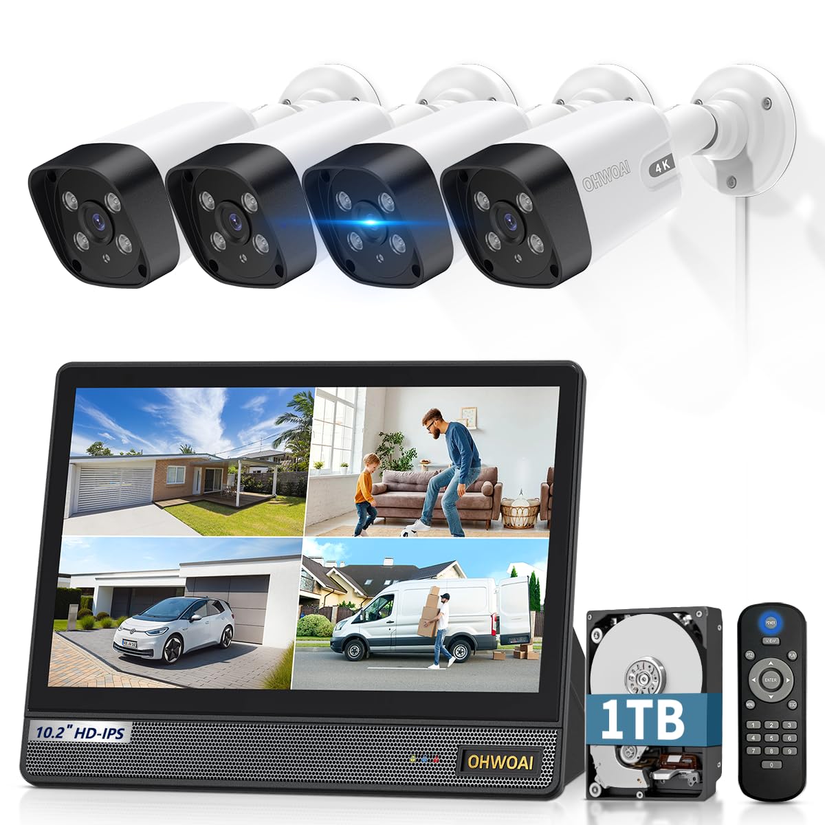 《4K Ultra HD & All-in-One Monitor》Wired Outdoor Security Camera System, POE Cameras for Home Security, NVR Video Surveillance Systems with Motion Detection