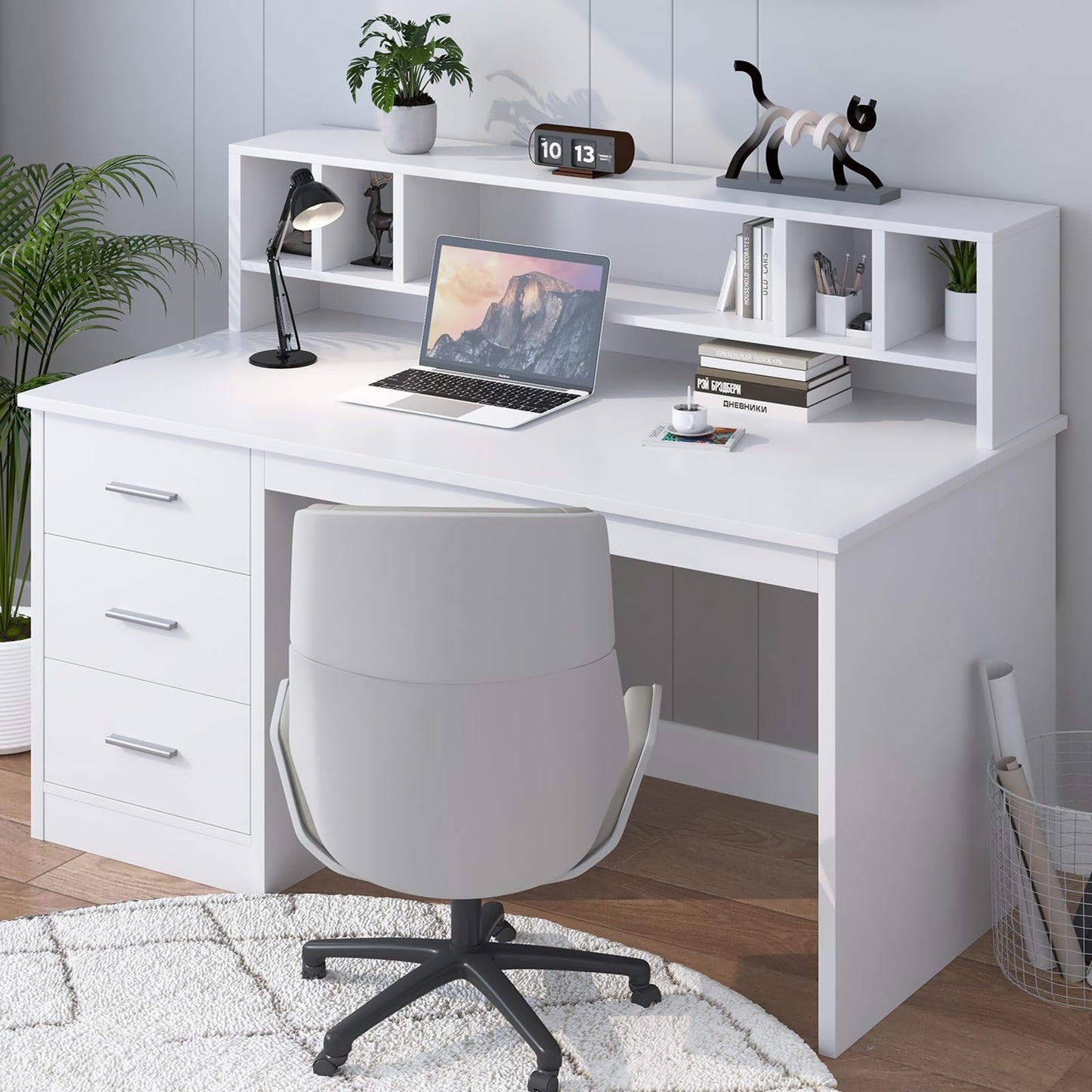 MaverickFurni White Desk with Drawers, 46" Home Office Desk with Hutch and Storage, Small Desk with 3 Drawers for Bedroom, White