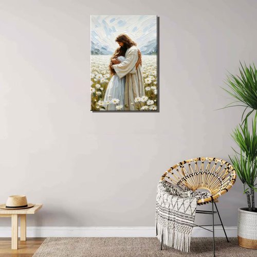 Jesus Hugging Girl Canvas Wall Art - Modern Christian Healing Embrace | 12x16in Wall Decor for Living Room, Bedroom