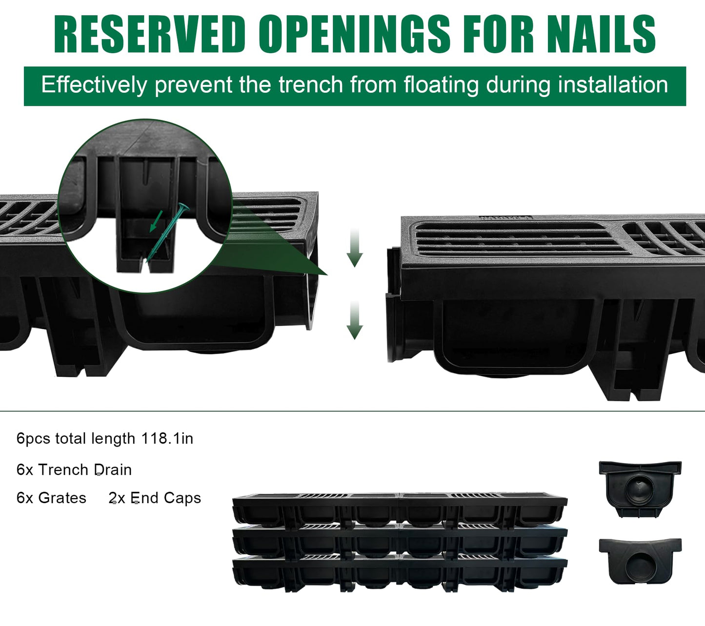 Natotela B Class Driveway Channel Drain with HDPE Grate-19.7Lx5.5Wx3.9H in. Shallow Profile Trench Drain System,6 Pack Total Length 118.2in,Heavy Duty Trench Drain for Garage,Parking Lot,Concrete