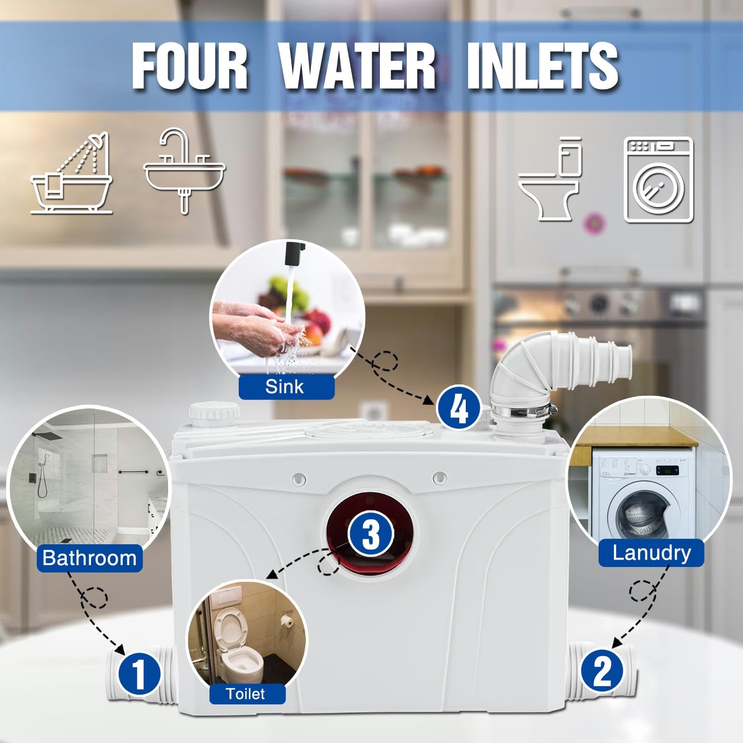 EXTRAUP 700W Macerator Sewerage Sump Pump with 4 Water Inlets for Upflush Toilet System Waste Water Marine Toilet Disposal Laundry