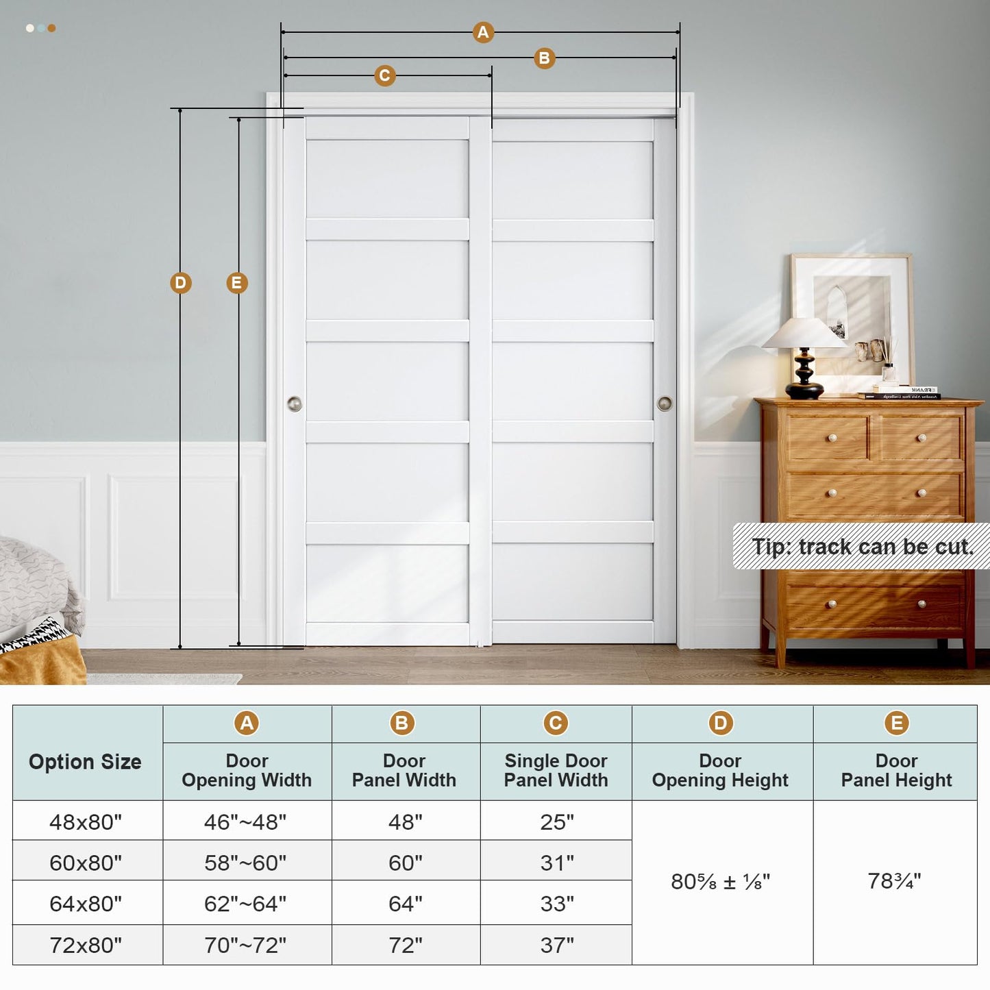 ROYMELO Sliding Closet Door 48"×80" (Double 25"), 5 Panels Bypass Barn Doors with Hardware Track Kit Included for Bedrooms Wardrobe, White, Requires DIY Assembly