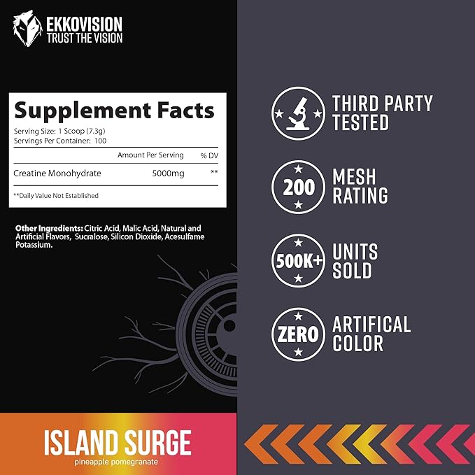 Ekkovision Creatine Monohydrate Powder, Micronized, Island Surge, Pre Workout & Post Workout Supplement for Men & Women, Energy Support, Easy to Mix in Shakes, Smoothies & Beverages, 100 Servings