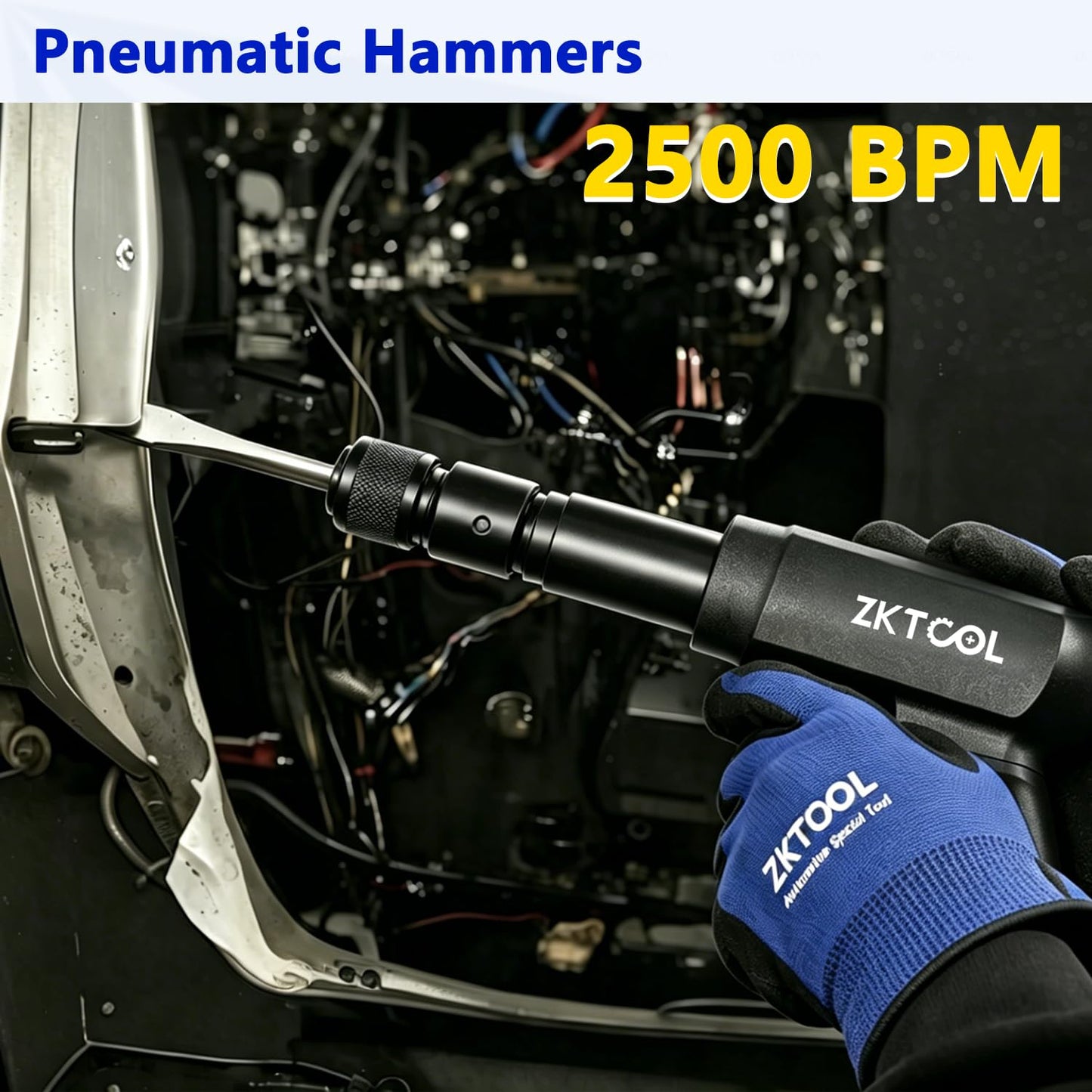 ZKTOOL 27PCS Air Hammer Kit - Functional Powerful Pneumatic Hammer Piece Chisel Set, 2500BPM Quick Change Retainer Air Hammer with Shovel Heads and Ball Joint Separator Set - Carrying Case & Gloves
