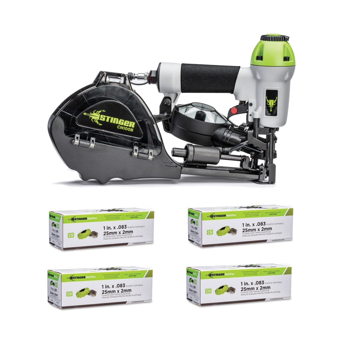 STINGER CN100B Pneumatic Cap Nailer Kit, Tool & 8000 Caps/Nails, Collated Cap Nails for Roofing Underlayment & House Wrap (0136252)
