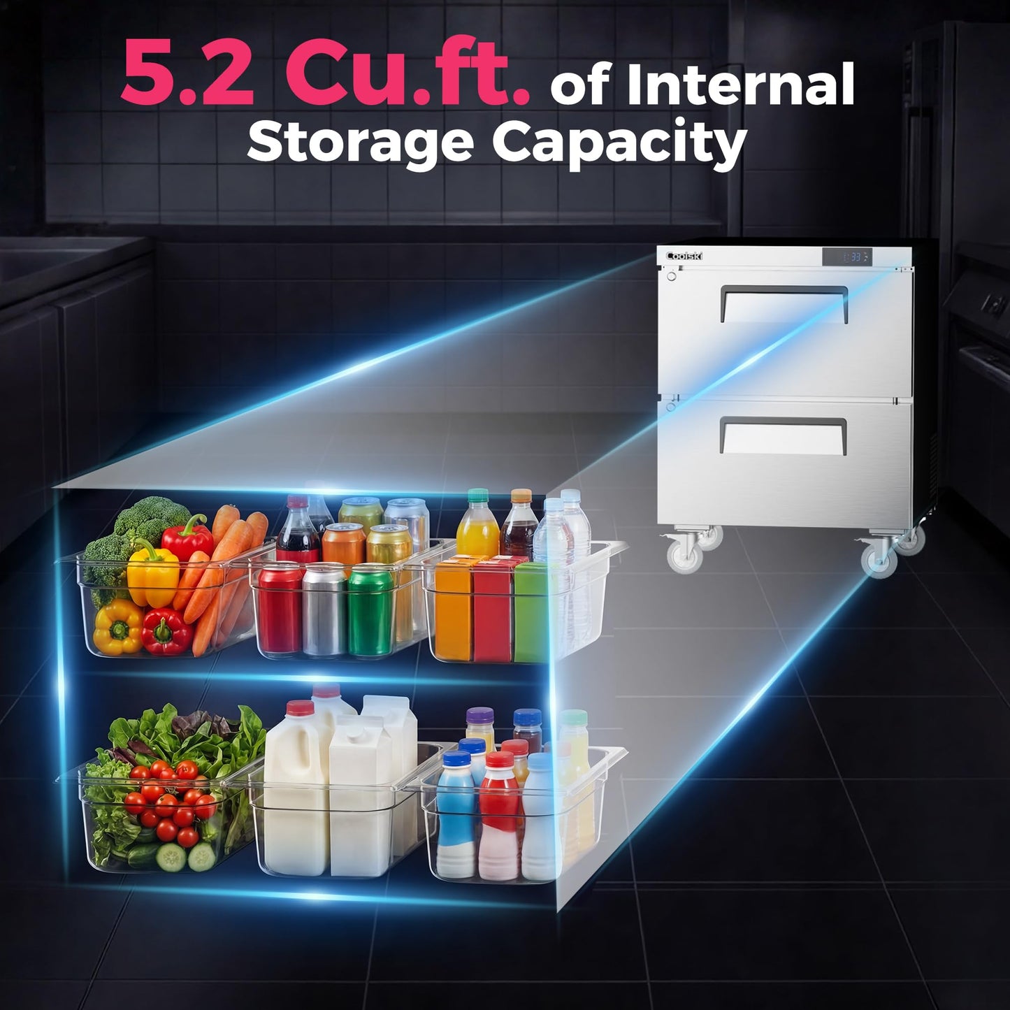 Coolski 27”W Commercial Undercounter Refrigerator with Drawers, 5.2 Cu.ft. Freestanding Stainless Steel with 6 Pans, 2 Drawers Under Counter Worktop Fridge for Restaurant, Bar, Shop, Kitchen Use
