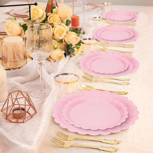 168 Pcs Pink Paper Plates and Napkins, Light Pink Party Supplies Include Scalloped Plate Napkins Cups Forks Knives Disposable Plastic Cutlery for Xmas Dinner Plates Table Decorations