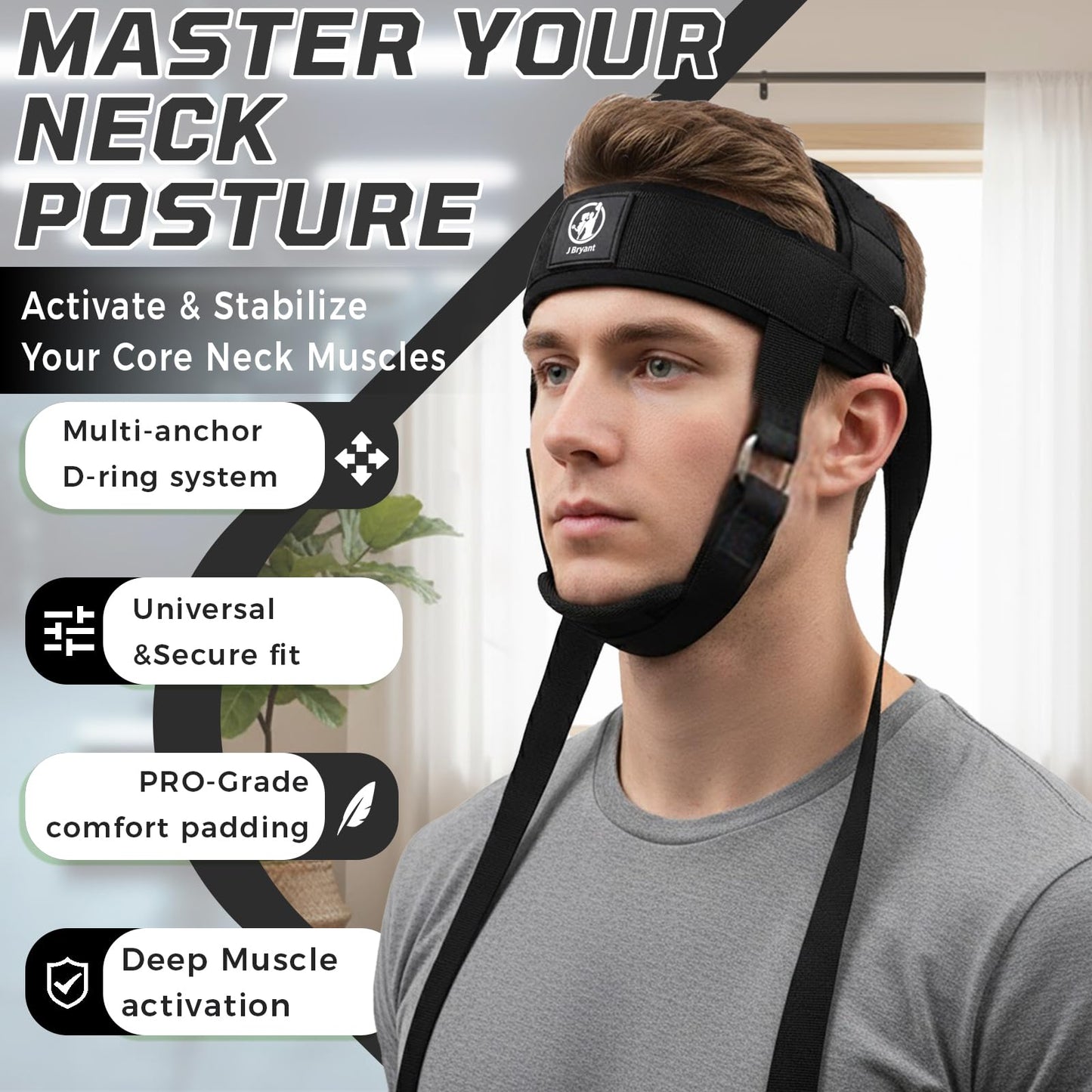 Neck Stretching Training Harness – Adjustable Chin Strap Headgear with Dual D-Rings for Neck Traction, Mobility, and Posture Support