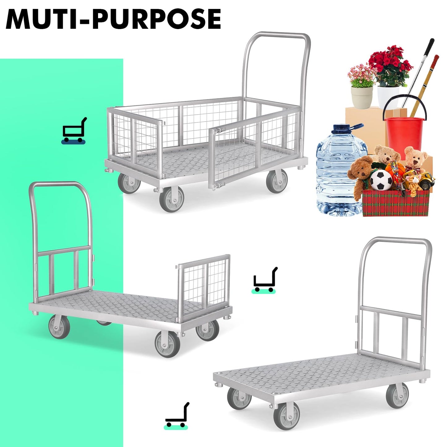 4-in-1 Platform Truck Cart with Cage, Multi-Purpose Heavy Duty Steel Flatbed Cart with 2200lbs Capacity Platform Hand Truck 6" Wheels Push Cart Dolly for Groceries, Garage, Warehouse (41“L x 24" W)