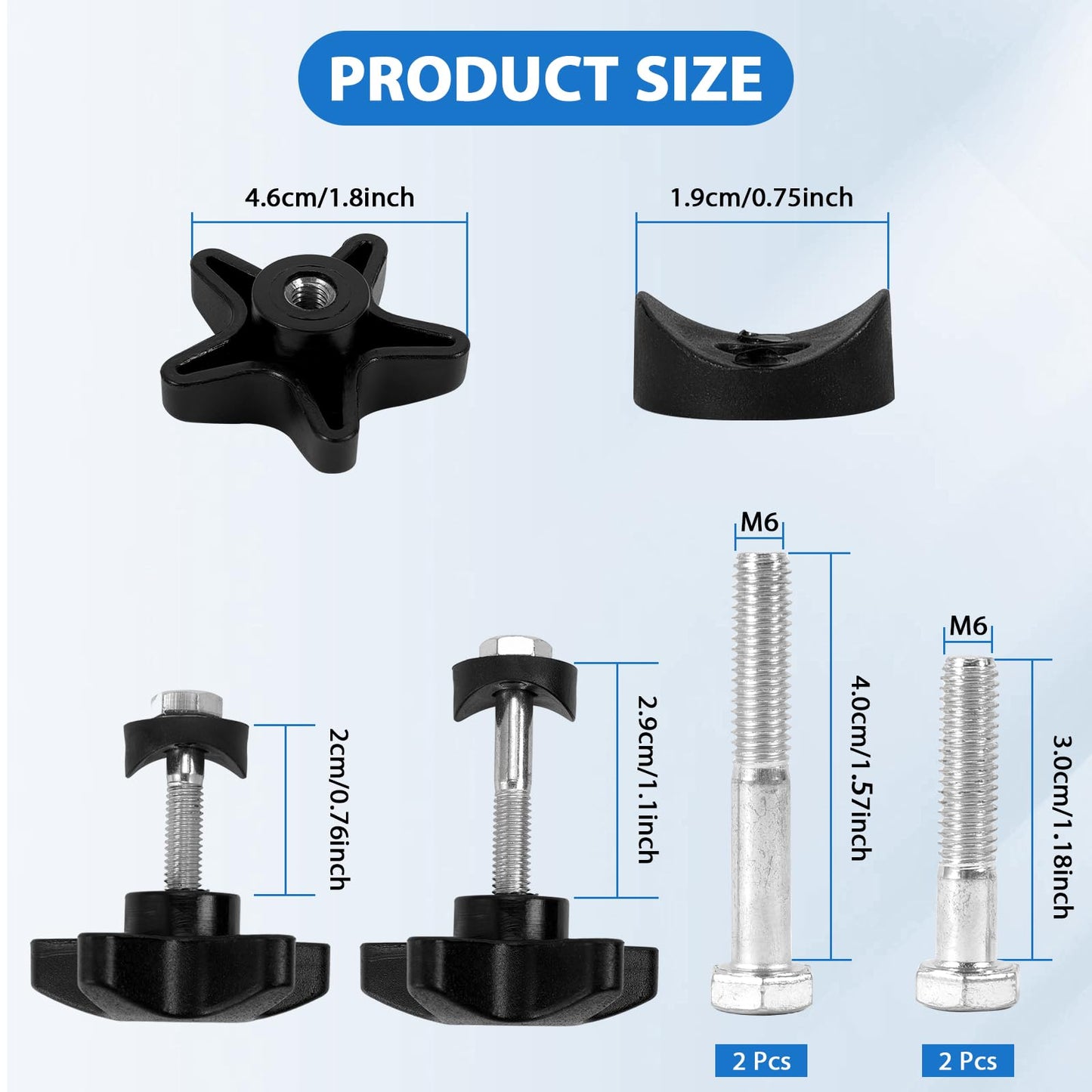 2 Sets Rollator Walker Replacement Parts，Complete Walker Accessories Kit with 4 M6 Screws (1.18in & 1.57in), 2 Star-Shaped Knobs & 2 Black Washers for Universal Fit, Tool-Free Adjustment in Seconds
