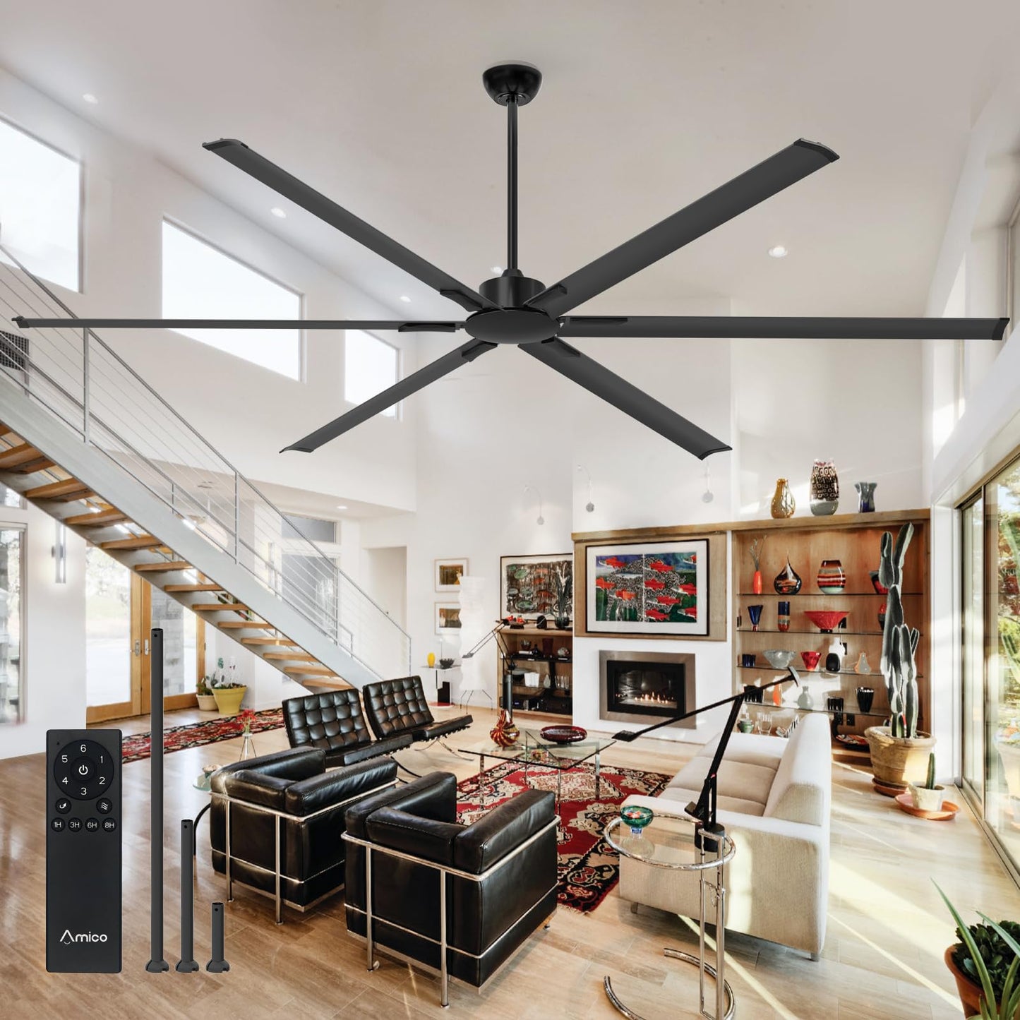 Amico 100 Inch Ceiling Fans Without Lights, Indoor/Outdoor Ceiling Fan with Remote Control, Reversible, 6 Blades, Noiseless, Industrial Black Ceiling Fan No Light for Patio, Porch, Garage, Shop