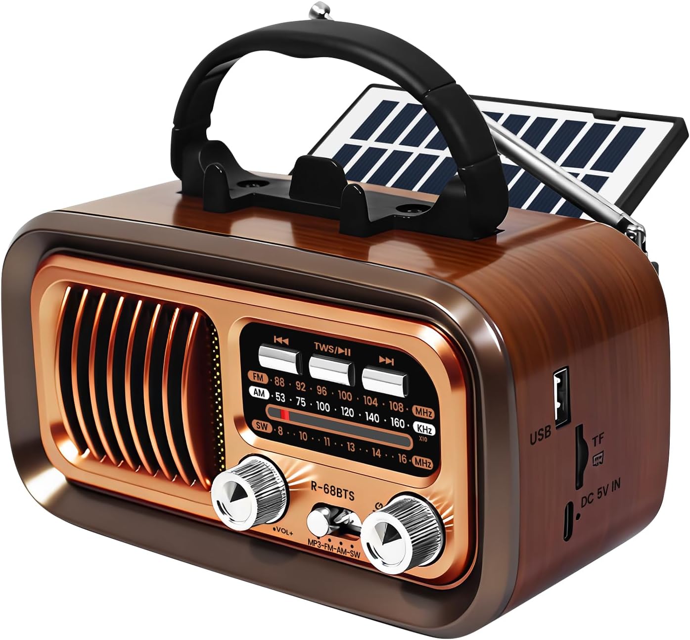 Bingxue MP3 Vintage Portable Radio with Bluetooth & TWS, AM/FM/SW Reception, Solar/D Battery/USB Charging, Player, TF
