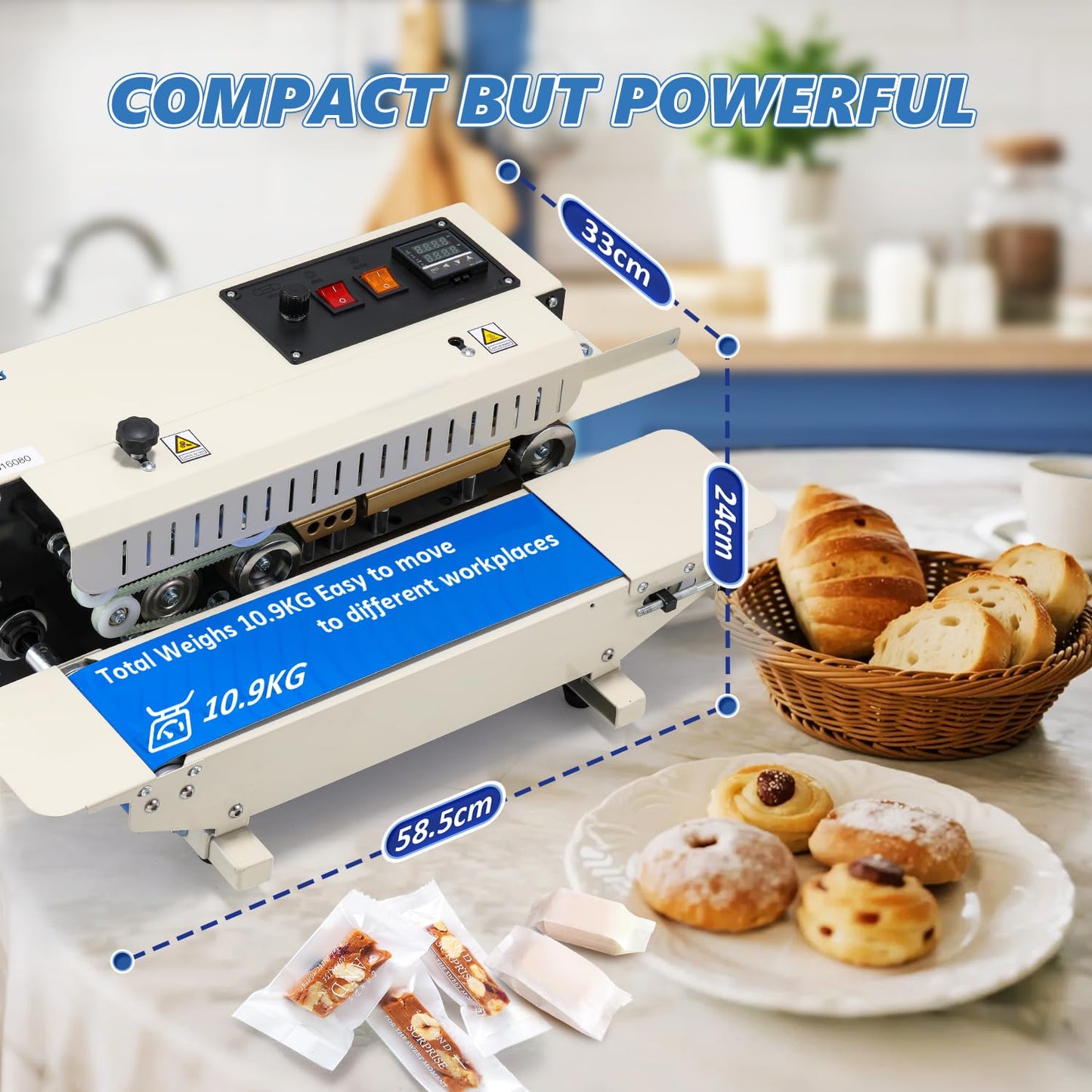 Frifreego Commercial Heat Sealer Machine, Continuous Bag Band Sealing Machine with Digital Temperature Control Automatic Bag Sealer Machine for Cookie, Food Storage, Kitchen, Bakery, Snacks Packaging