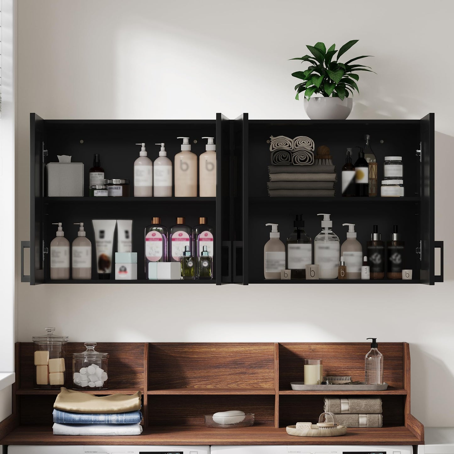 ChooChoo Laundry Room Cabinets, 4 Doors Wall Mounted Storage Cabinet, Kitchen Wall Storage, Bathroom Wall Cabinet, Black