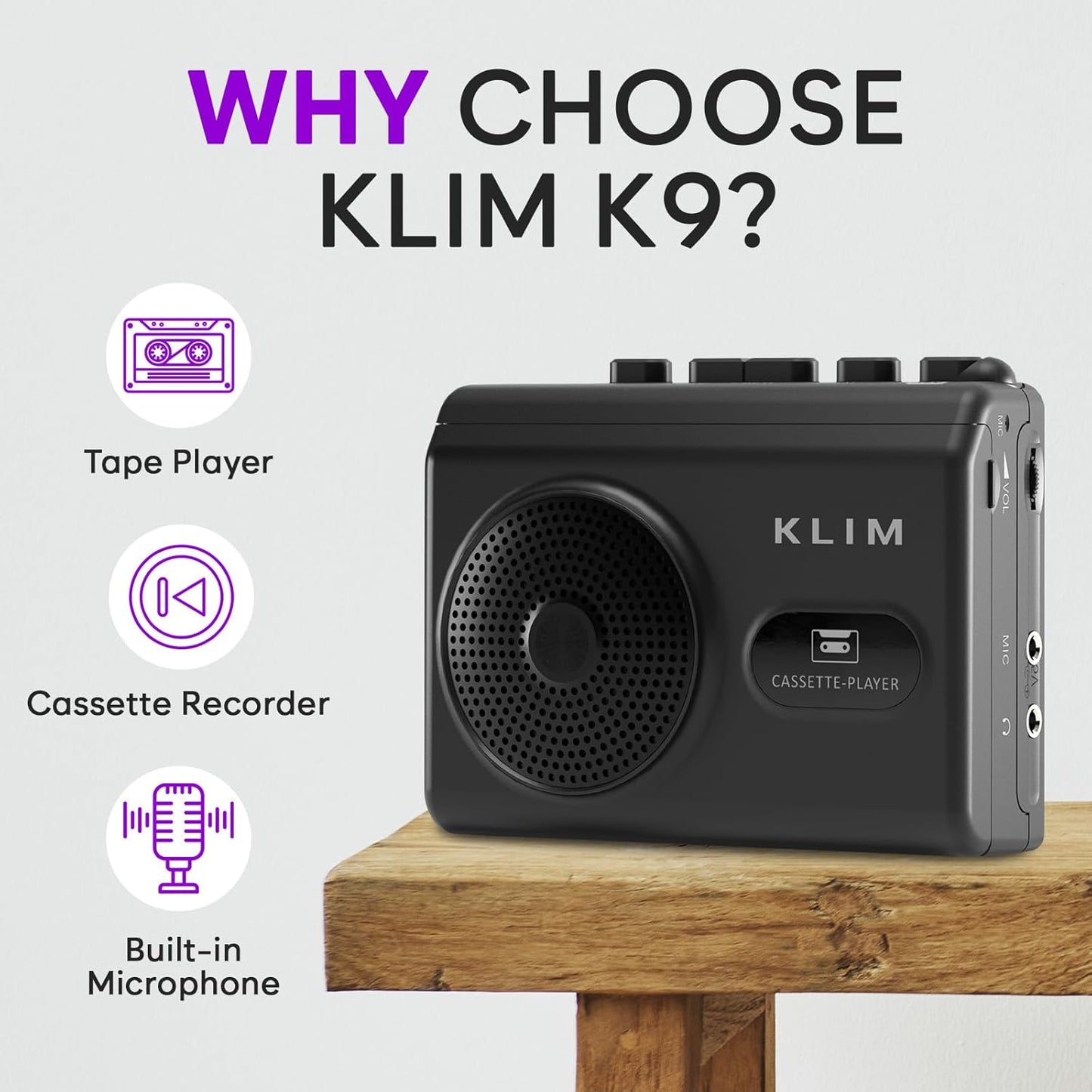 KLIM K9 Cassette Cassette Tape Player Portable Player & Tape Recorder with Built-in Speaker & Microphone, Headphone