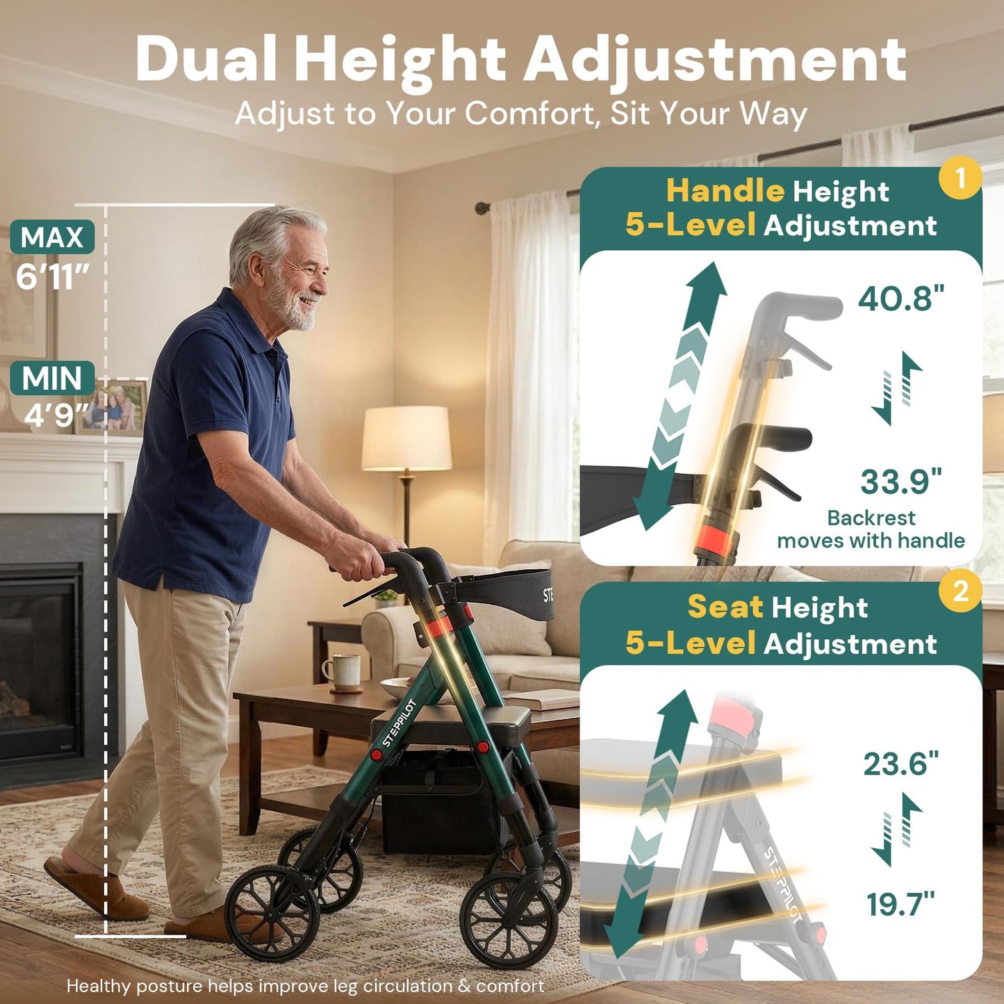 StepPilot Bariatric Rollator Walker with Seat for Seniors, 500lb Capacity Aluminum Frame, Zero Wobble, 16lb Lightweight, 8" All Terrain Wheels, 10-Level Adjustable Handle/Seat, Cup Holder, Cane Clip