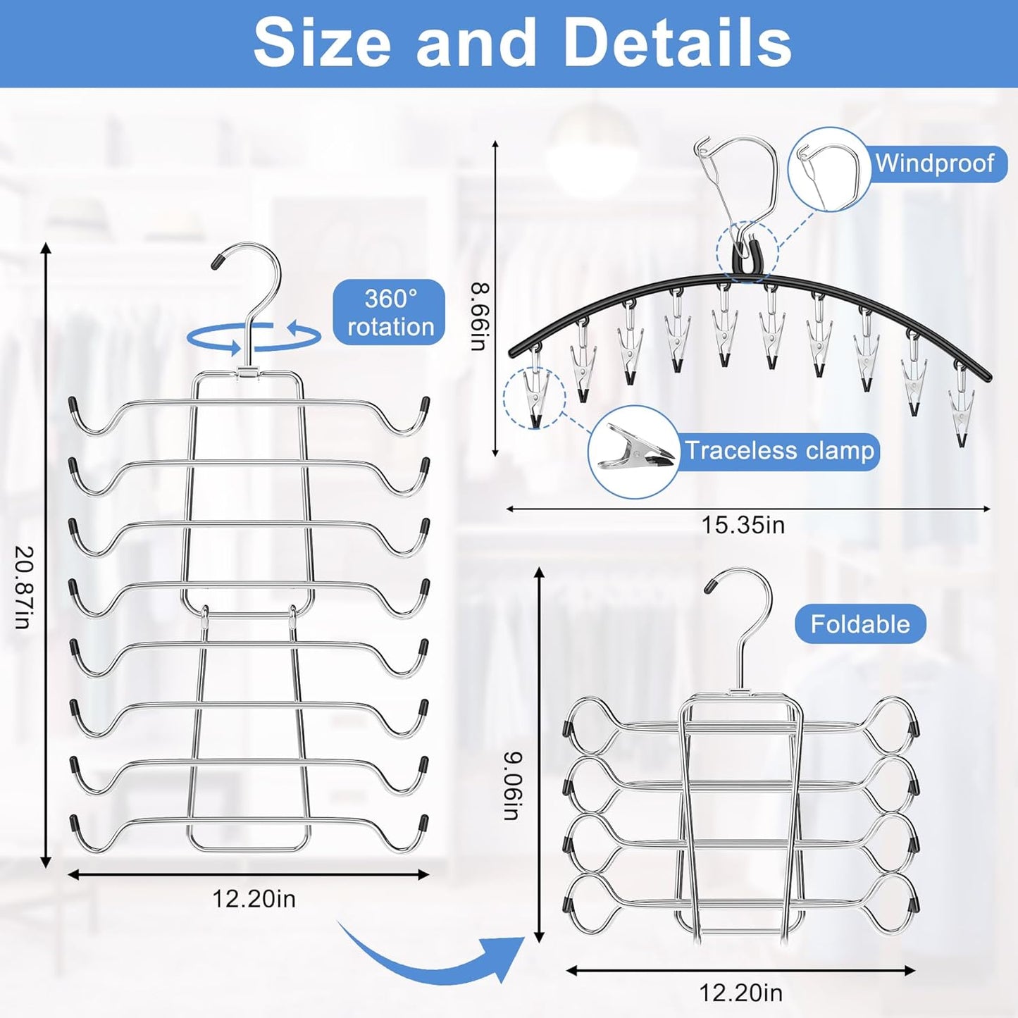 Skiennix Legging Hangers - Space-Saving Closet Organizer with 10 Clips & Tank Top Hanger | 2 Pack