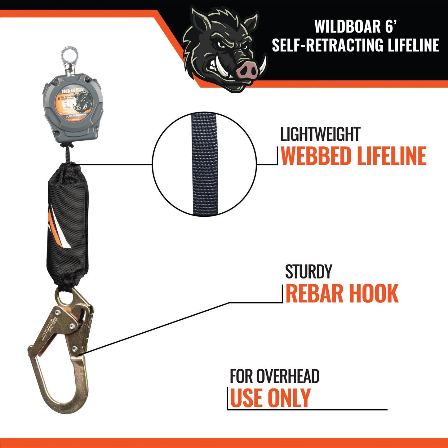 Malta Dynamics Wild Boar 6’ Single Self Retracting Lifeline – SRL Fall Protection Lanyard with Steel Snap Hook for Construction Site Safety, OSHA and ANSI Compliant