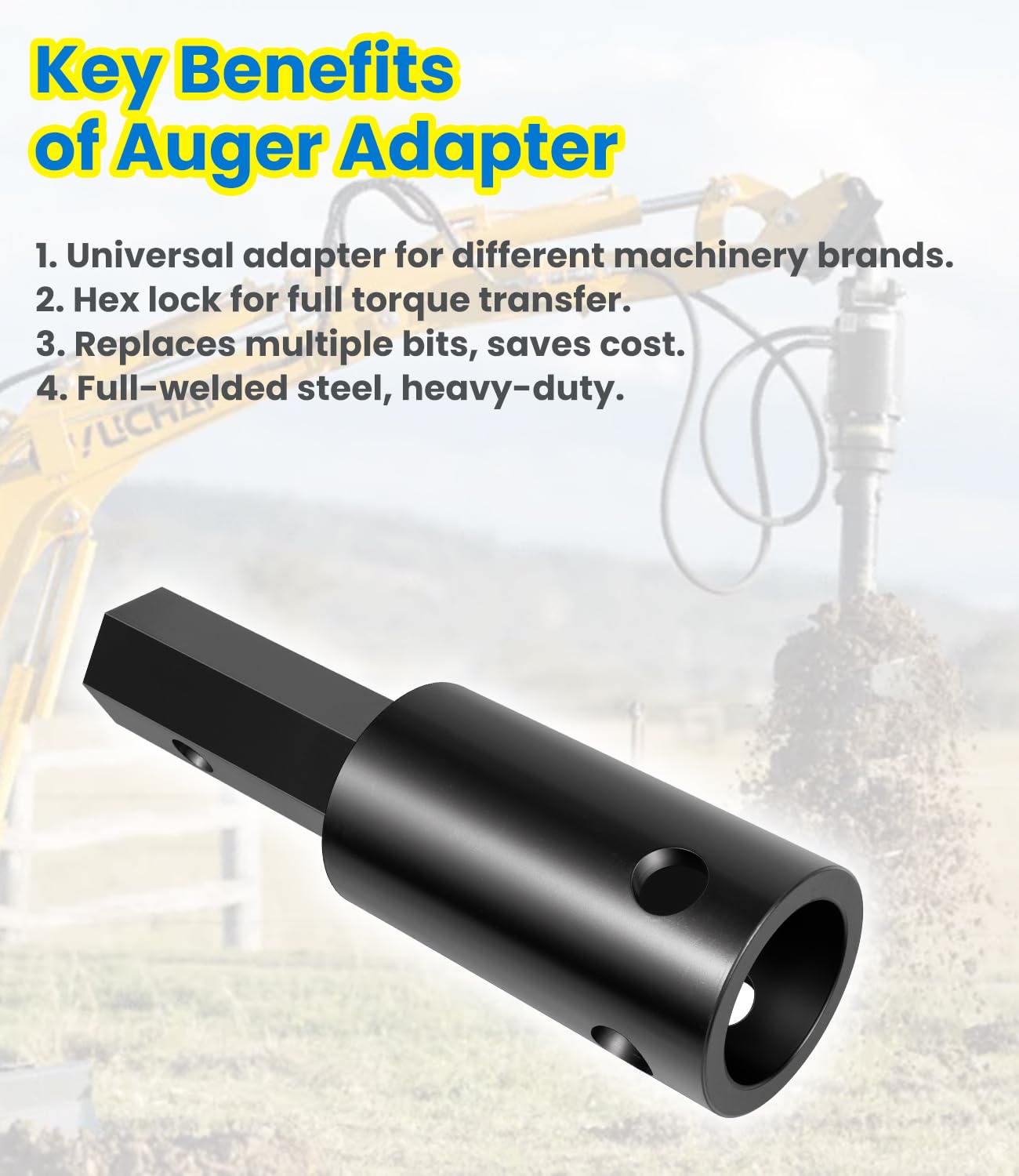 Heavy Duty Auger Adapter 2-9/16" Female Round to 2" Male Hex for Augers, Skid Steers, Tractors, Post Hole Diggers