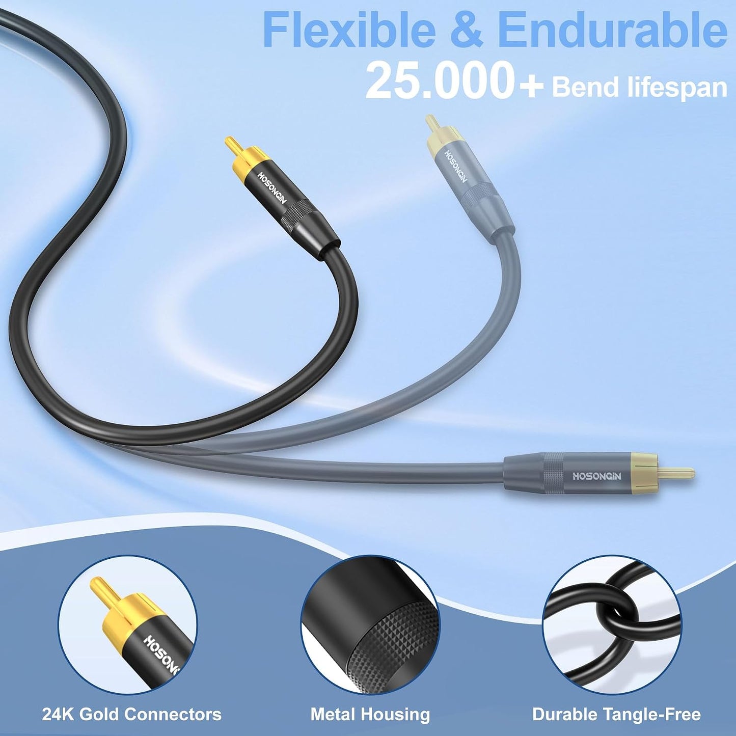 10FT, HOSONGIN RCA Subwoofer Cable RCA Male to Male Digital Coaxial Audio Cable for Home Theater, Soundbars