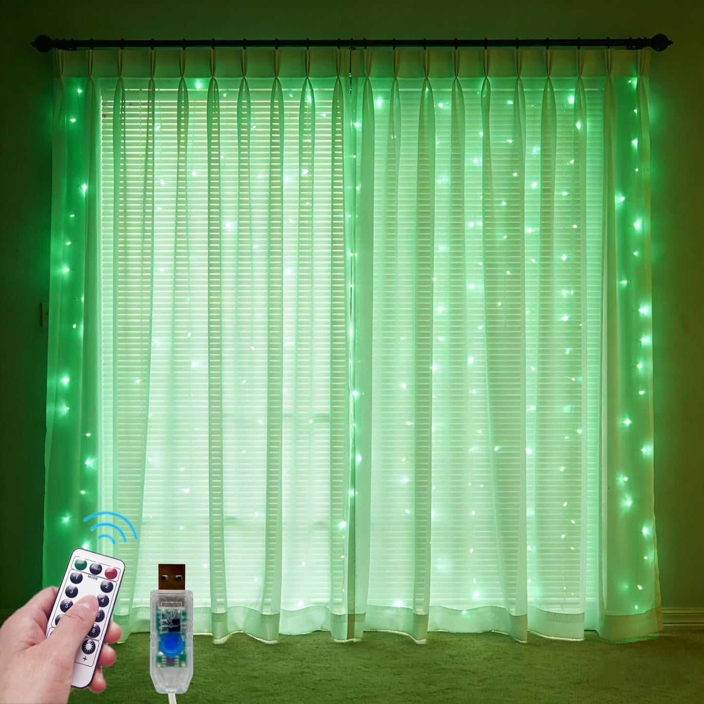 Skiennix 300 LED Fairy Curtain Lights - 9.8 x 9.8FT Green USB Plug with 8 Modes & Remote for Christmas, Weddings, Indoor/Outdoor Decor
