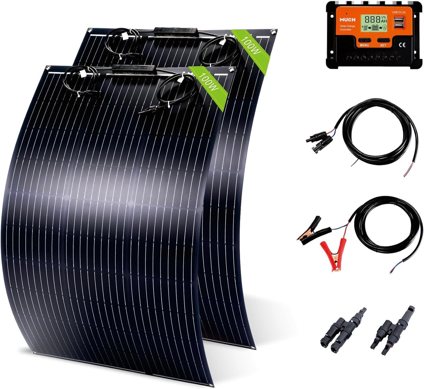 200W Flexible Solar Panel Kit, Lightweight Monocrystalline Ultra-Flexible Bendable Mono Off-Grid Charger with 30A Charge Controlle for 12-24V Battery Charging Car Battery Camping Stuff (2 * 100W)