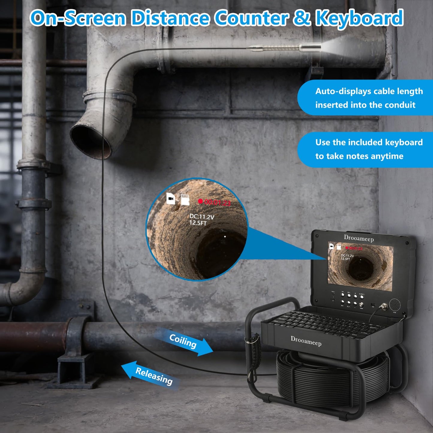 Drooameep Sewer Camera 100ft, Self Leveling Drain Camera, Plumbing Camera with 512Hz Sonde, Video & Voice Recorder, 3X Zoom, 9" Screen, 10000mAh, IP68, 32GB, 8 LED, for Drain Sewer Duct Plumbing