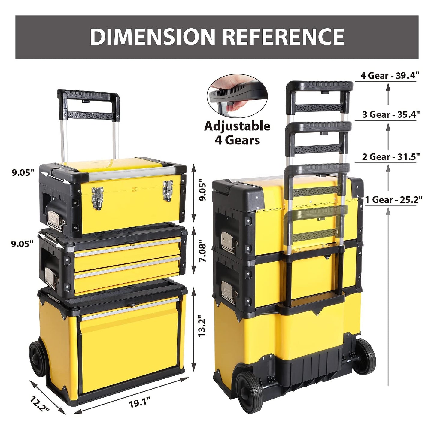 BIG RED Stackable Portable Metal Tool box Organizer with Wheels and 2 Drawers, Rolling Upright Trolley Tool Chest for Garage or Workshop,Yellow,ATRJF-C305ABDYR