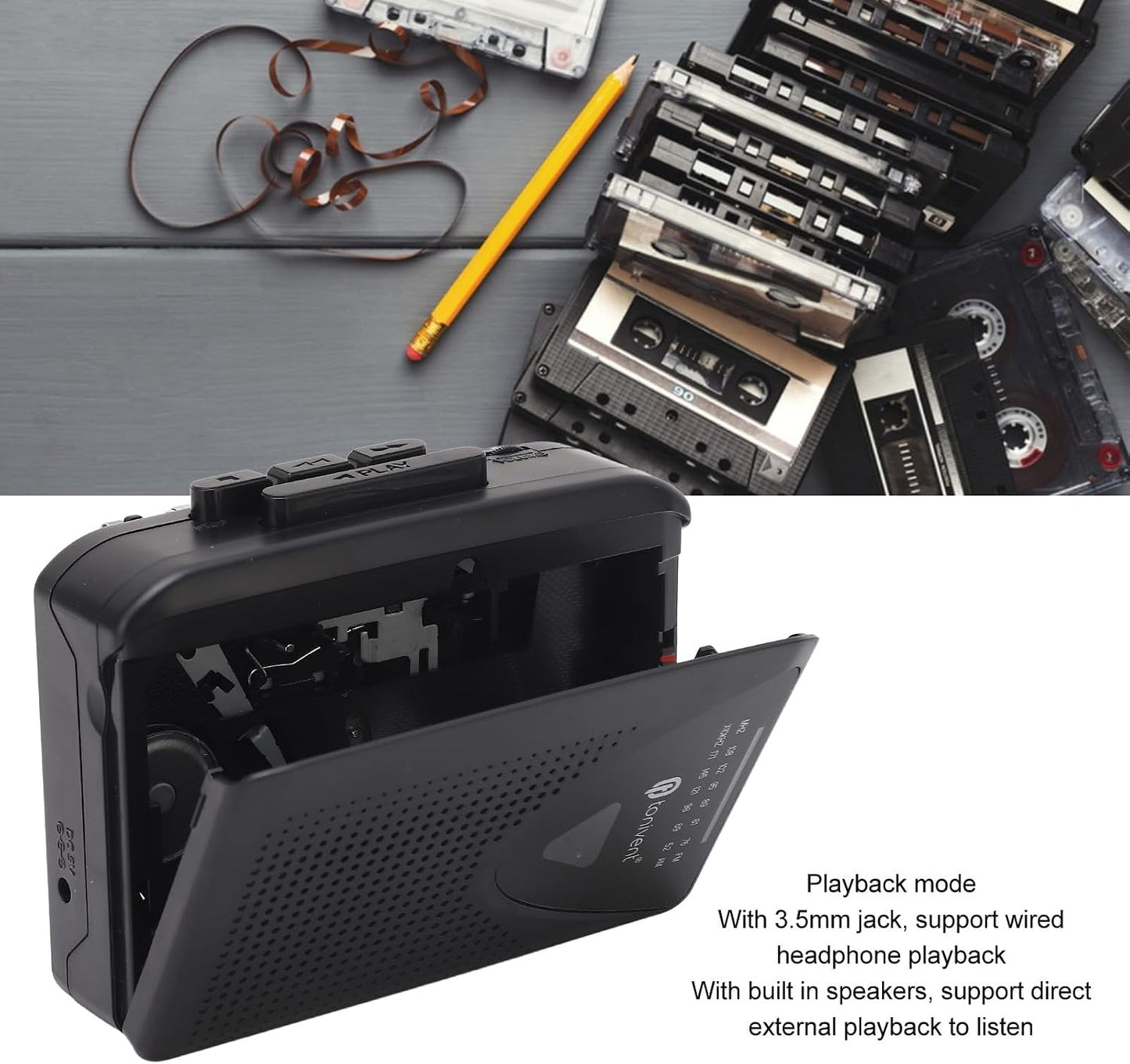 Locadence Cassette Cassette MP3 3.5mm Portable Player, FM AM Radio Stereo Tape Player with Jack and Speaker Support