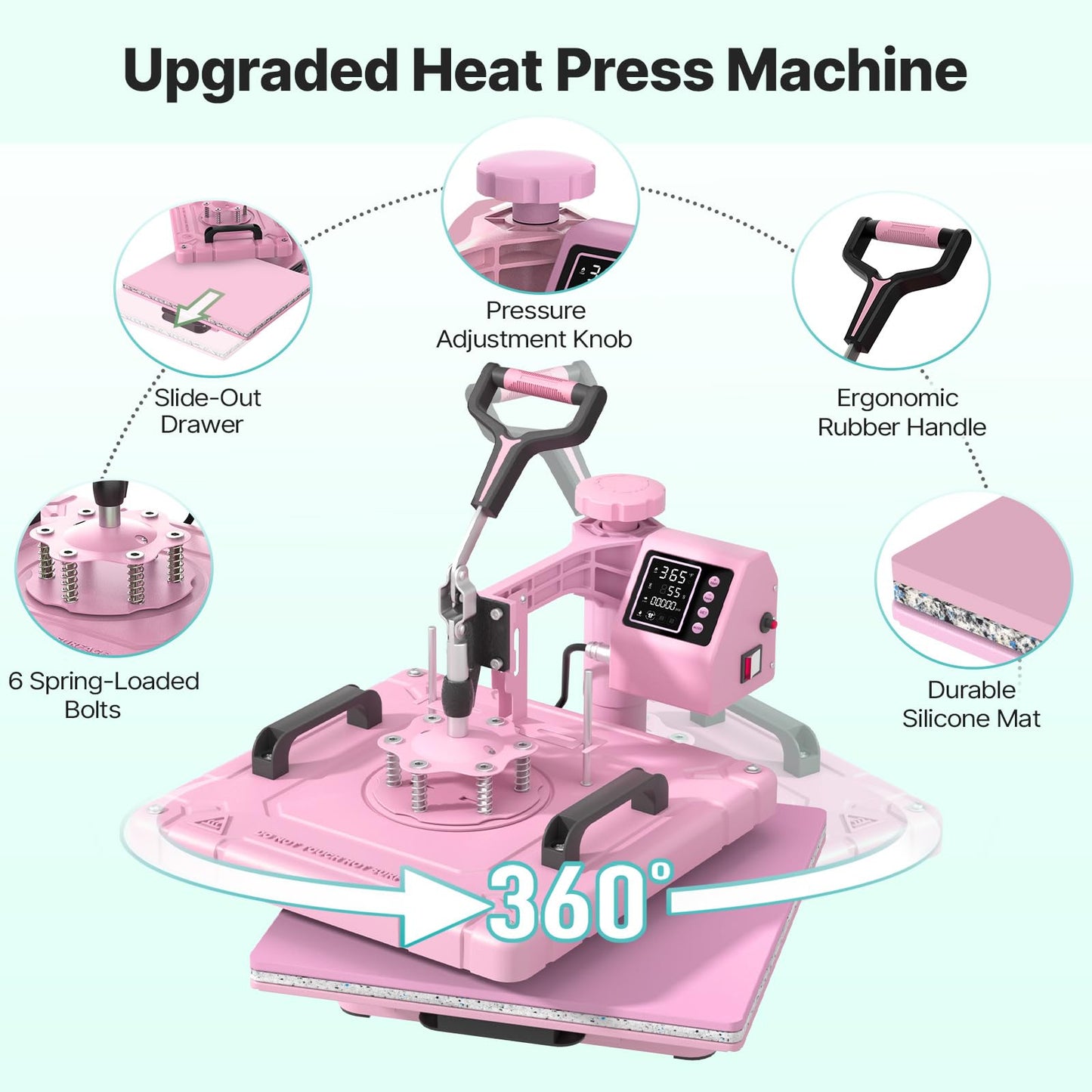 Slendor 8 in 1 Heat Press Machine 15x15 inch 360-Degree Swing Away Digital T Shirt Pressing Machine Multifunction Heat Transfer Sublimation Combo for T Shirts Mugs Hat Plate Cap,Pink