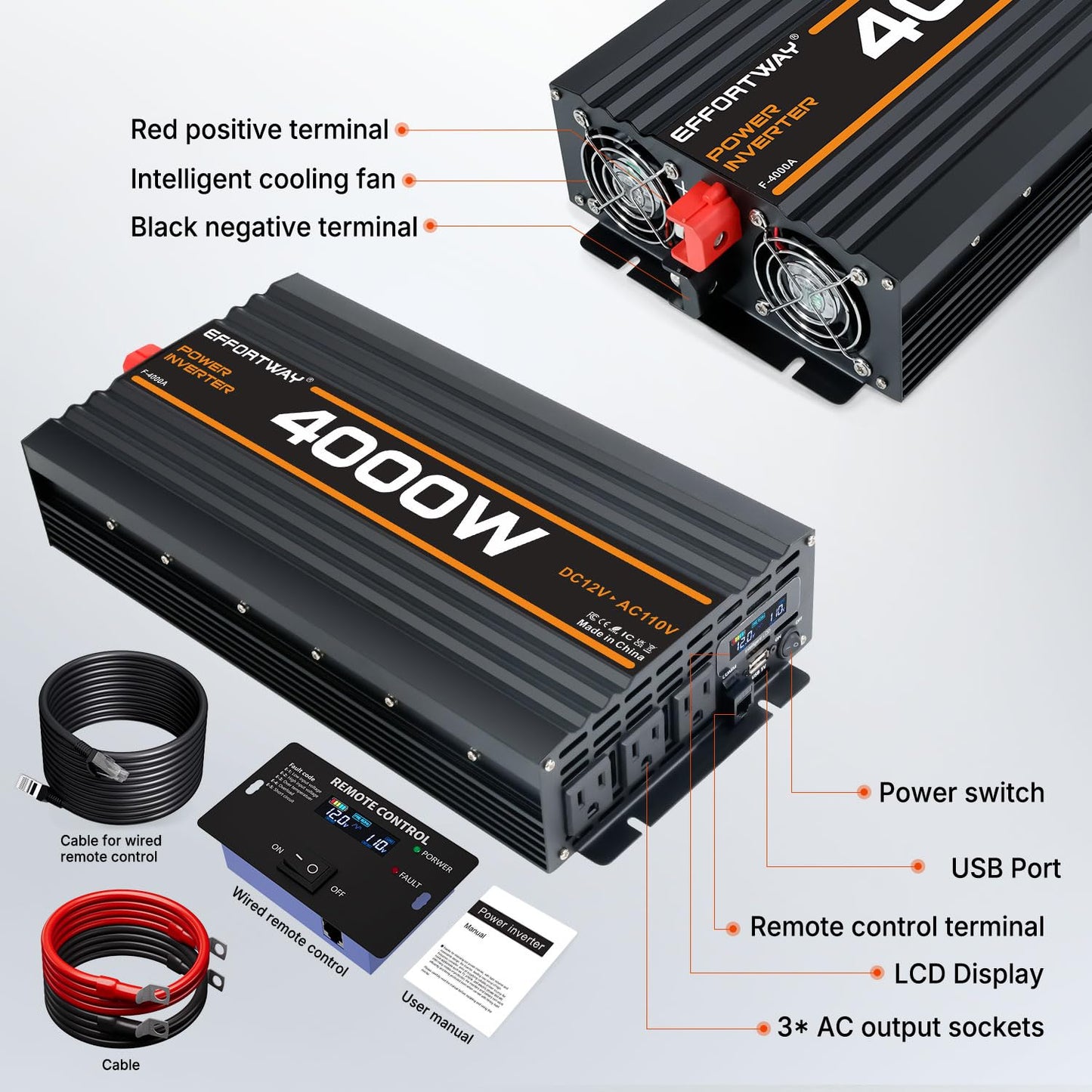 EFFORTWAY 4000W Power Inverter, 12V DC to 110V/120V Modified Sine Wave Inverter with 3 AC Outlets, USB Port, Wired Remote Controller, Car Power Inverter for RV, Truck, Boat, Camping, Off-Grid