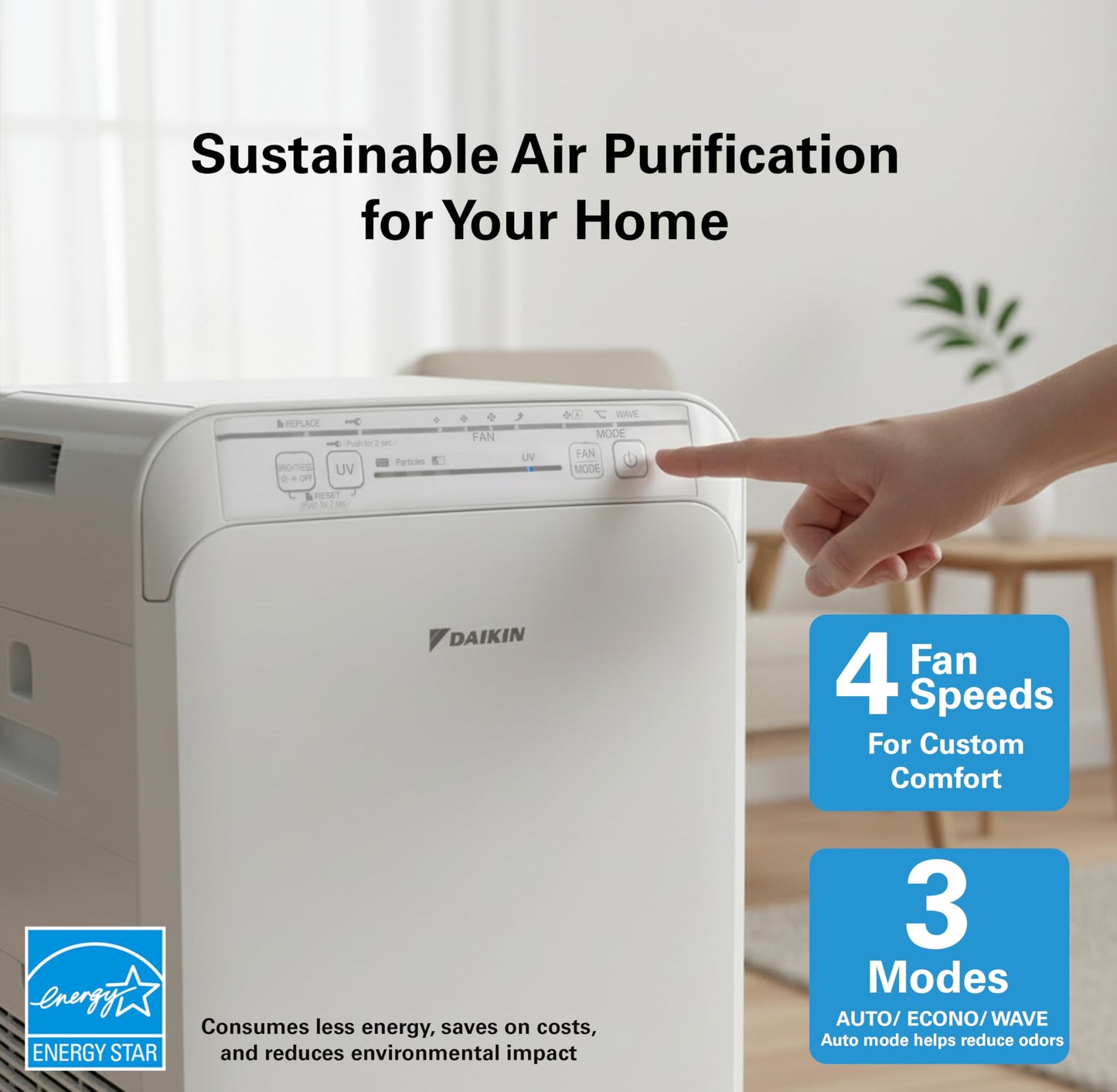 Daikin Room Air Purifier Bundle, HEPA Air Purifier with Pre-filter, Carbon, and UVC LED Light Filtration, Zero Ozone, CARB Certified, Includes 2 Purifiers and 2 sets of Replacement Filters