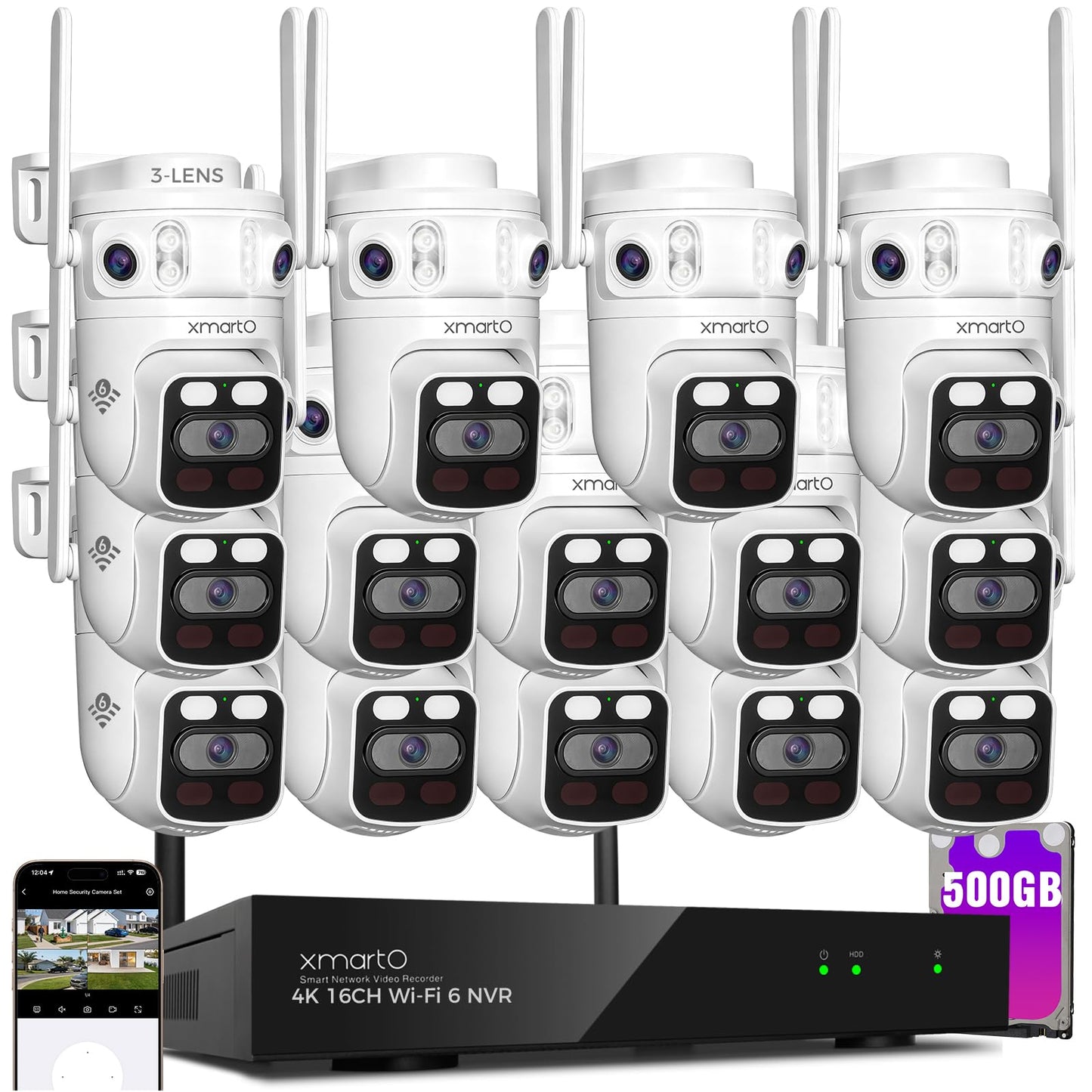 xmartO 16CH 14Pcs 6MP Tri-Lens PTZ Security Camera System, 16CH 4K WiFi 6 Mesh NVR with 500GB NVR, 3-View/Cam, Long Range Wireless, Plug-in 24/7 Home Surveillance, AI Detection, No Monthly Fees