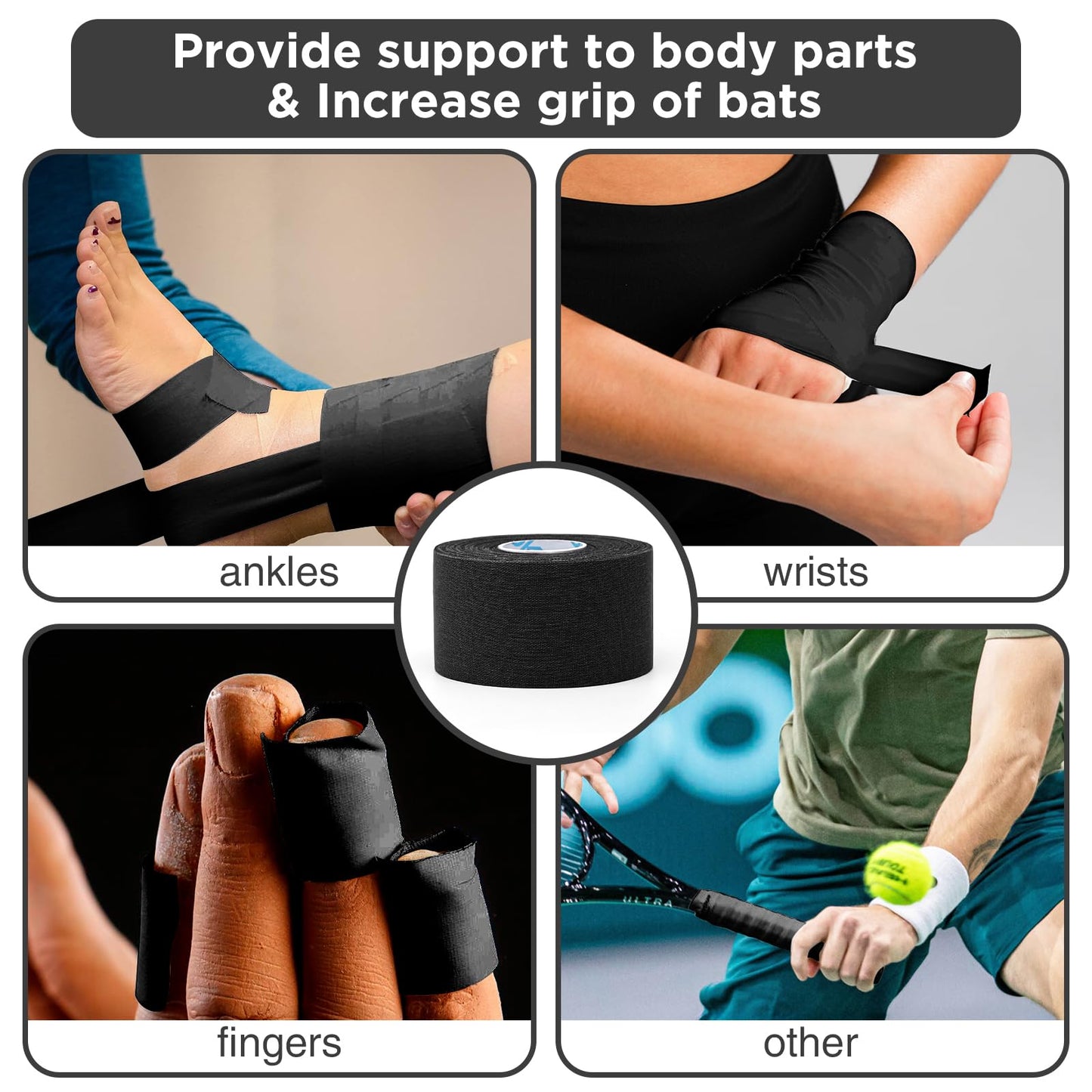 OK TAPE Athletic Sports Tape（4 Packs) Black- 32.8ft Per Roll Athletic Tape for Injuries,Strong Stick No Residue Athlete & Sport Trainers First Aid Injury Wrap, Hockey Stick