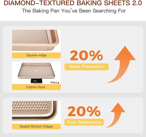 HONGBAKE Nonstick Baking Sheet Pan Set - 3 Pack with Heat Resistant Oven Mitts | Heavy Duty 0.8mm Thick