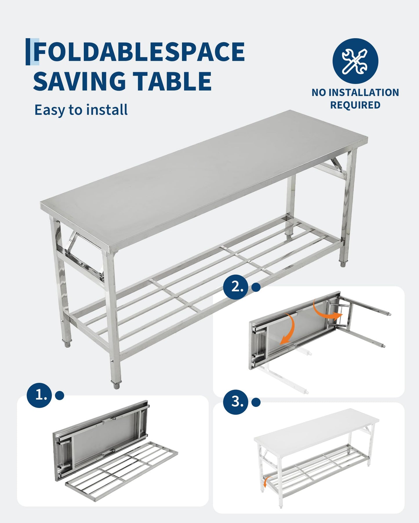 Commercial Stainless Steel Folding Table with Undershelf，48 x 30 Inch Heavy-Duty Kitchen Island Worktable Workstation for Food Prep, Restaurant, Catering & Home Use | Portable Work Table for Kitchen,