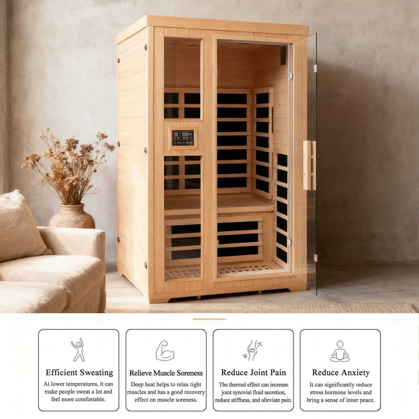 Homsido 2-Person Low EMF Far Infrared Sauna for Home,Canadian Hemlock Wood with 7-Color Therapy,Bluetooth Speakers,Chromotherapy Lights,1850W Heater,Tempered Glass Door&LCD Control Panel