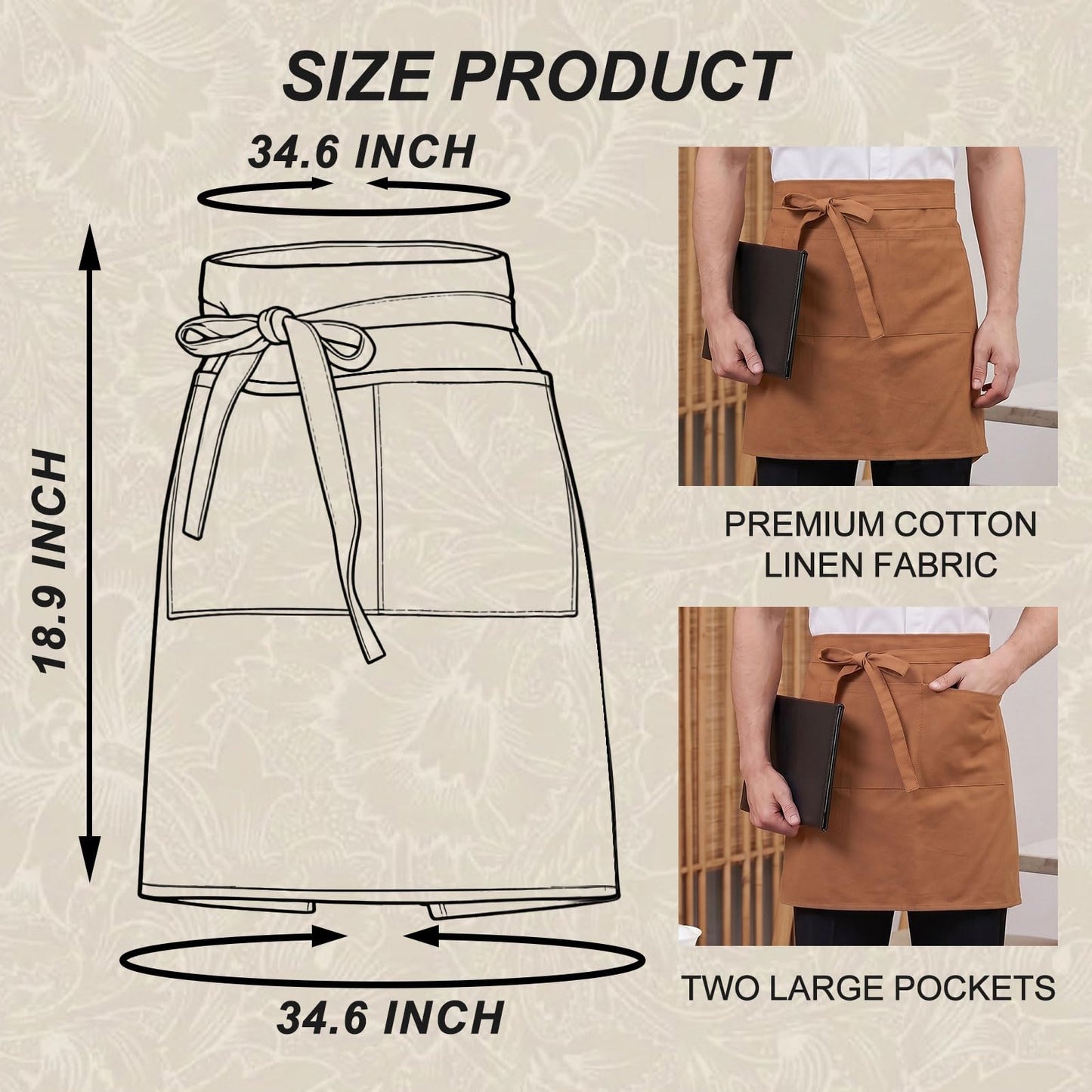 Cityelf Half Apron for Women Men Cotton Linen with 2 Large Pockets Waist Short Bistro Server Aprons Waiter Waitress Unisex