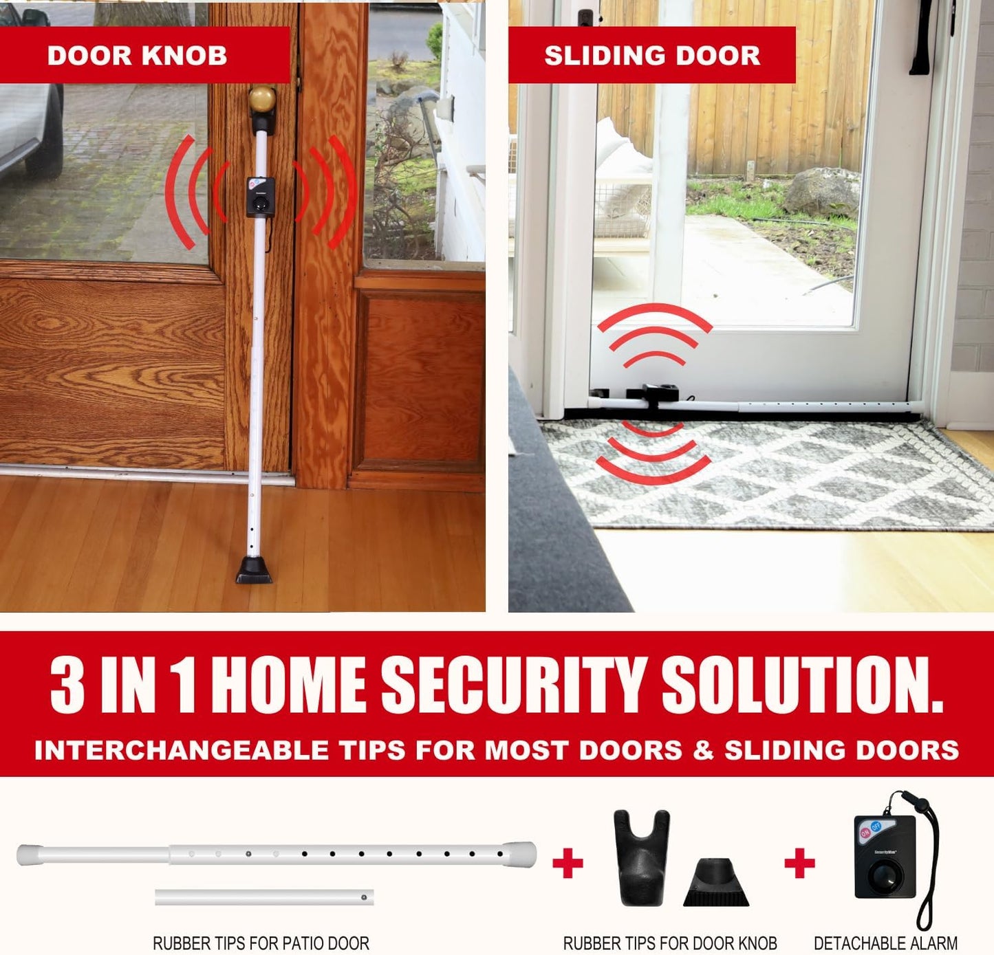 SECURITYMAN 120dB Jammer 400lbs Door Security Bar with Alarm (Detachable) - Siren Door Stopper Alarm - Adjustable