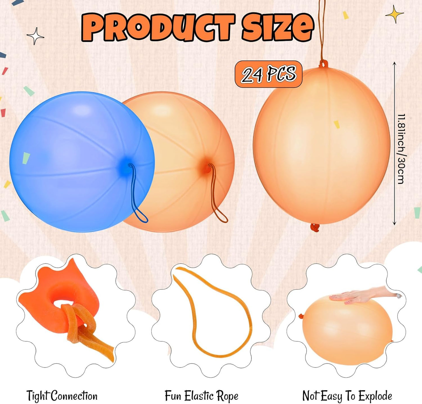 Soulchen Punch Balloons - 24 Pcs Blue & Orange Party Favors for Kids' Birthday Celebrations | Durable Rubber Band Handle