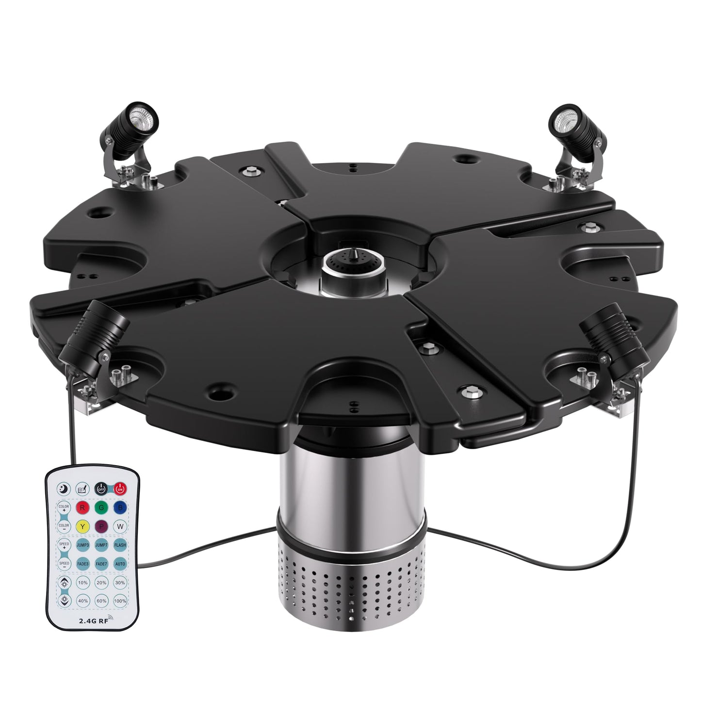 FS01 110V, 1 HP, Large Pond Floating Fountain with LED RGB Lights, Oil Free Pump 13000 GPH with 100’ Cord, Two Spray Patterns Included