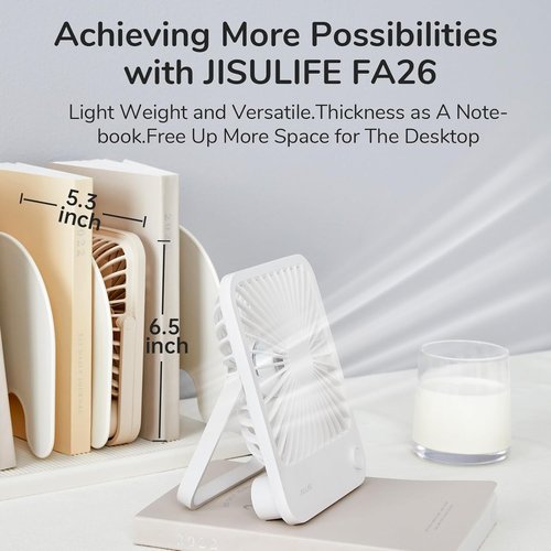 JISULIFE Rechargeable Desk Fan - Foldable Portable Personal Fan with 4 Speed Settings | 4500mAh Battery - White