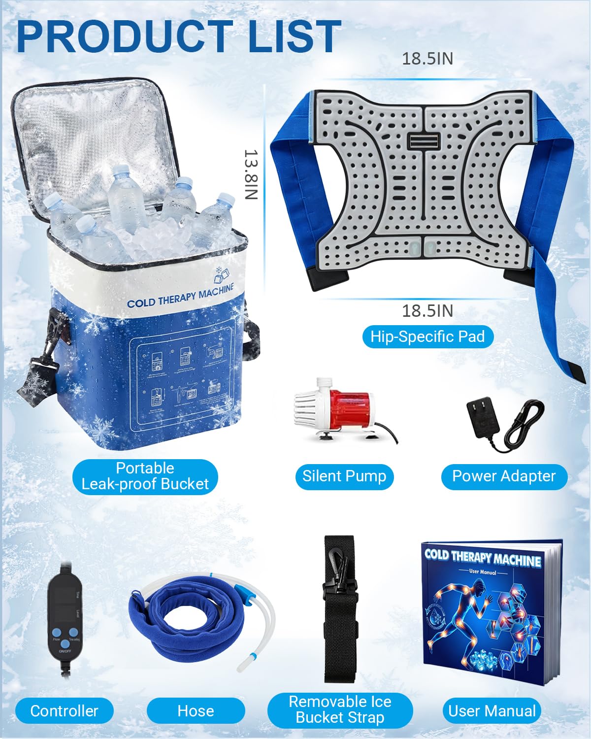 Cold Therapy Machine for Hip, 15.8Qt Large Ice Machine with Temp Display & Pressure Regulator, Cryotherapy Leak-Proof Hip-Specific Wrap, Whisper-Quiet Pump & 4 Timer Settings