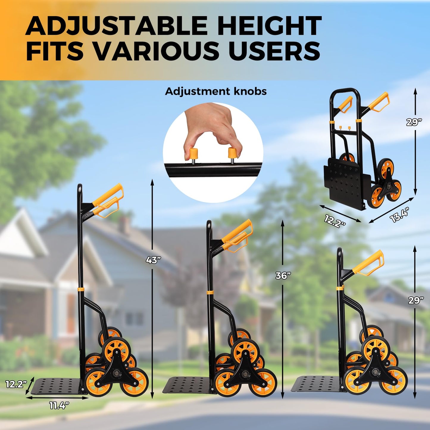 Stair Climbing Dolly - Heavy Duty Stairs Climber Hand Truck for Moving, 380LBS Capacity Folding Cart with 5.9" Triple Wheels, Adjustable Handle, Portable for Home Furniture Grocery Warehouse Office