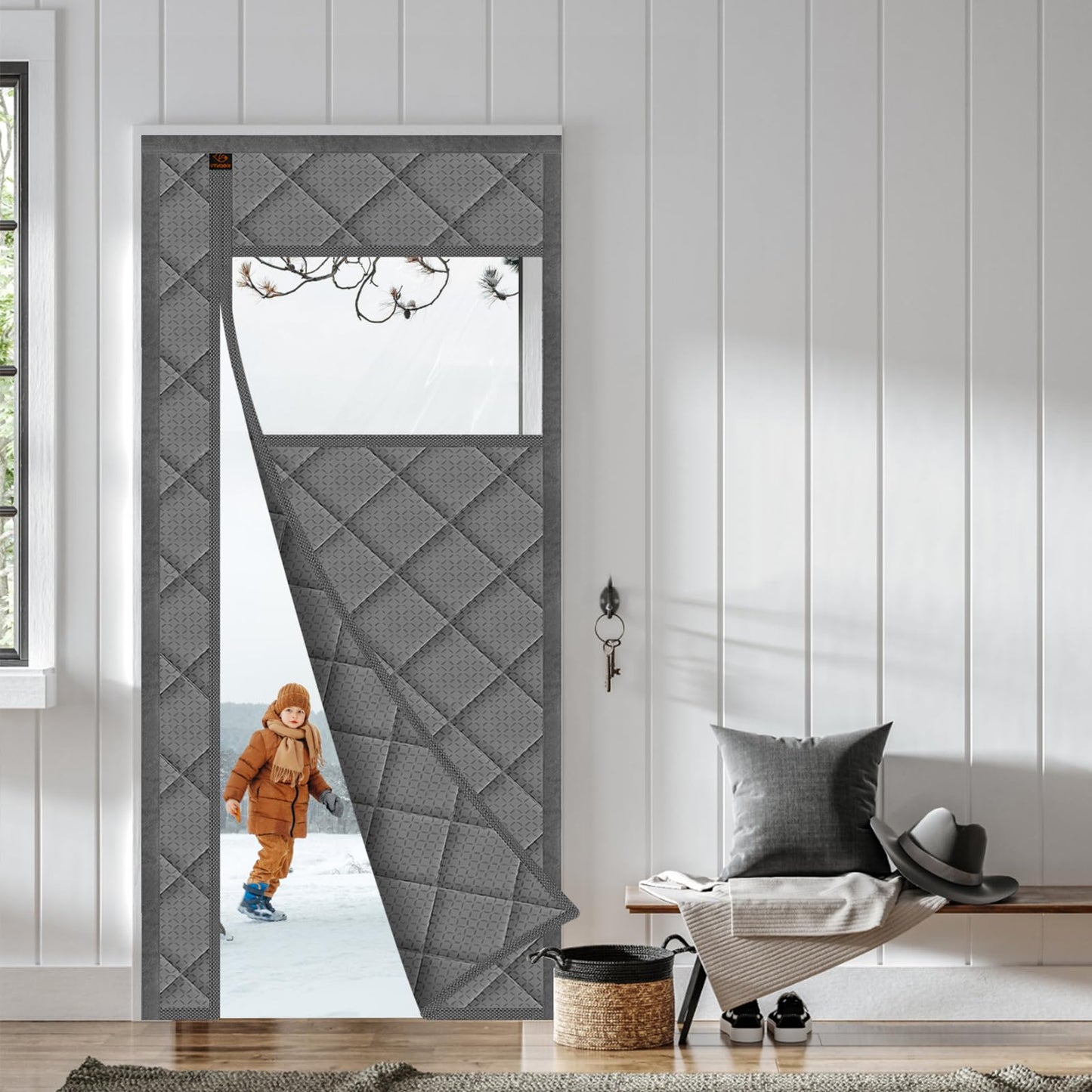 WochiTV Magnetic Thermal Insulated Door Curtain Fits Door Size 32" x 80", Durable Waterproof Cloth, Polyester Fiber Filling, Weatherproof, Windproof, Reduce Noise, Visible Panels, Side Opening, Gray