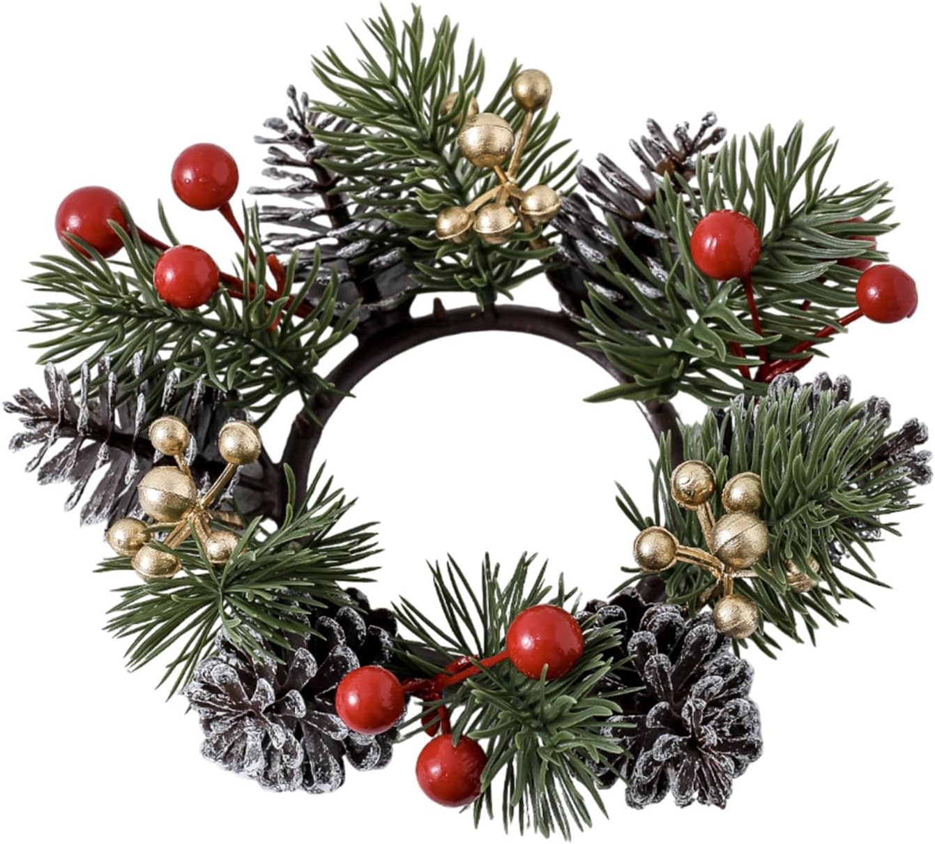 Skiennix Christmas Candle Rings - Elegant Gold & Red Floral Wreaths with Pinecones | Set of 2