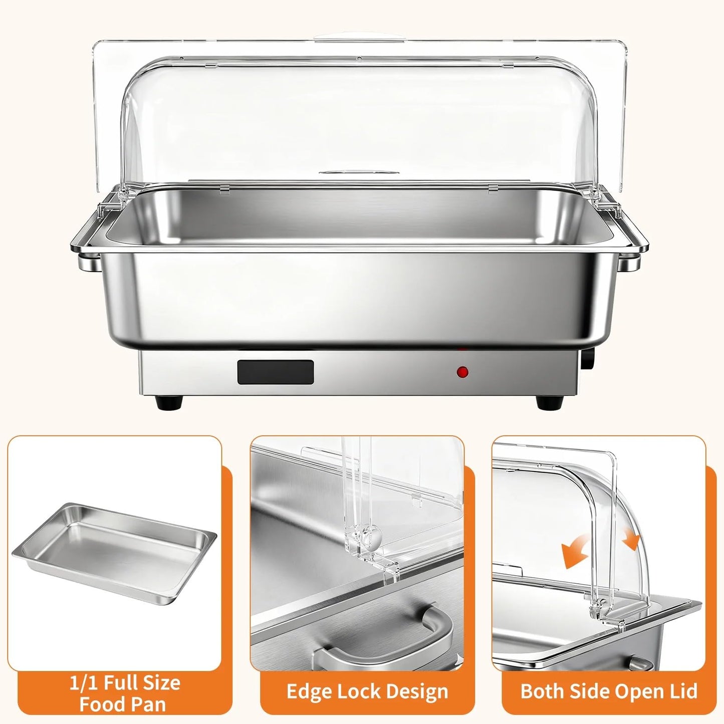 Garvee Electric Chafing Dish Buffet Set, 2 × 4.5 QT Roll Top Food Warmer with Transparent PC Lid, 400W Temperature Control 86-200°F, Stainless Steel Chafer for Catering Parties(2 Packs)