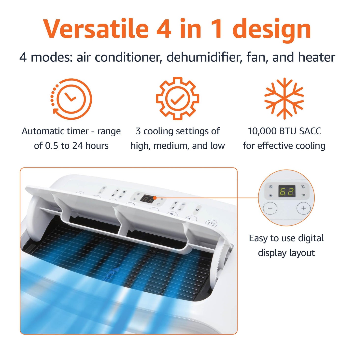 Amazon Basics 4-In-1 Portable Air Conditioner with Remote, Timer, Sleep Mode, Auto Swing, Cool/Heat/Dry/Fan-Only Functions, 13500 BTU (ASHRAE), Cools Up to 550 Sqf, Energy Saving, White