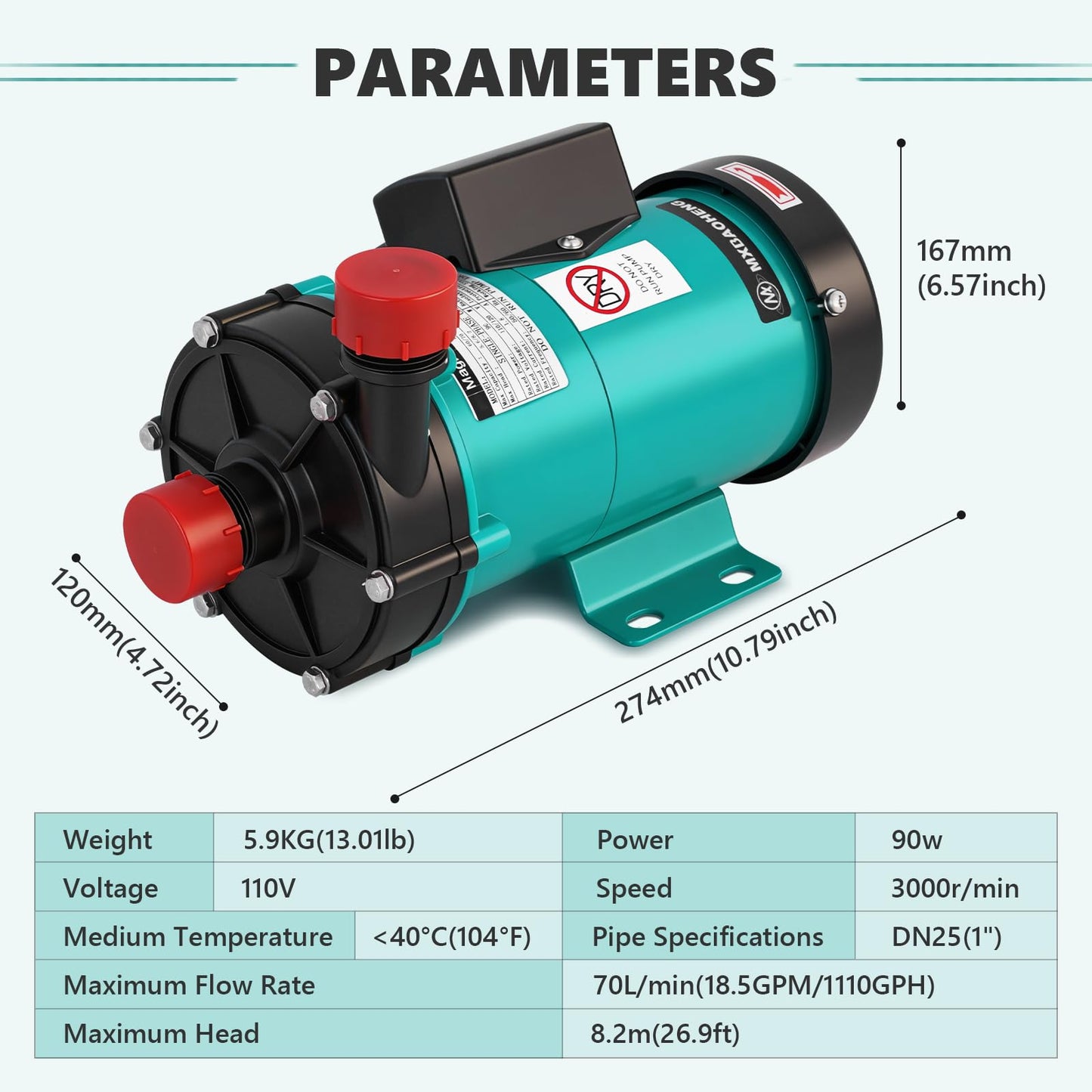 MXBAOHENG 1110GPH Magnetic Drive Pump, 110V Circulating Water Pump, 90W Liquid Delivery Pump for Chemical Industry, Pharmaceutical Industry, and Electroplating Industry (70L/min)