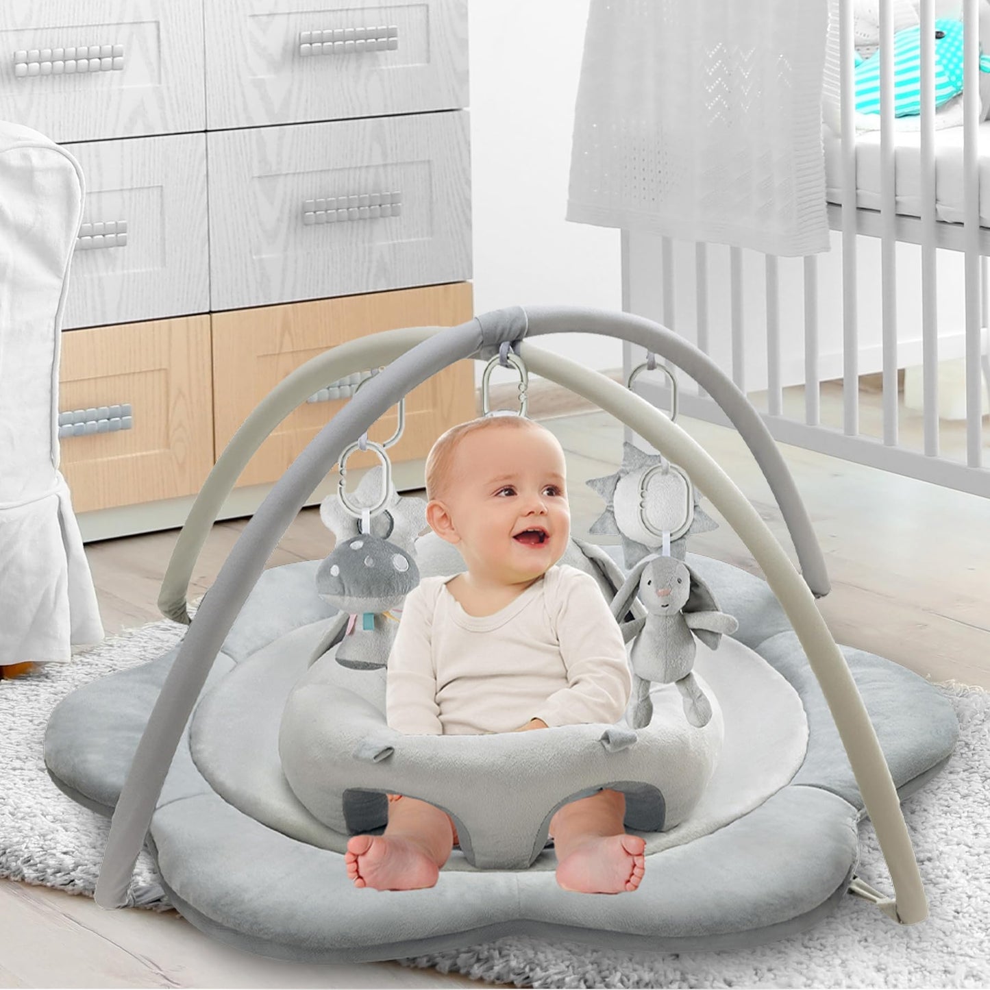 3-in-1 Baby Play Mat, Baby Seats for Infants for Sitting Up, Tummy Time Mat with 5 Detachable Toys, Baby Activity Gym & Playmats for Babies 0-6 6-12 Months, Newborn Baby Shower Gifts